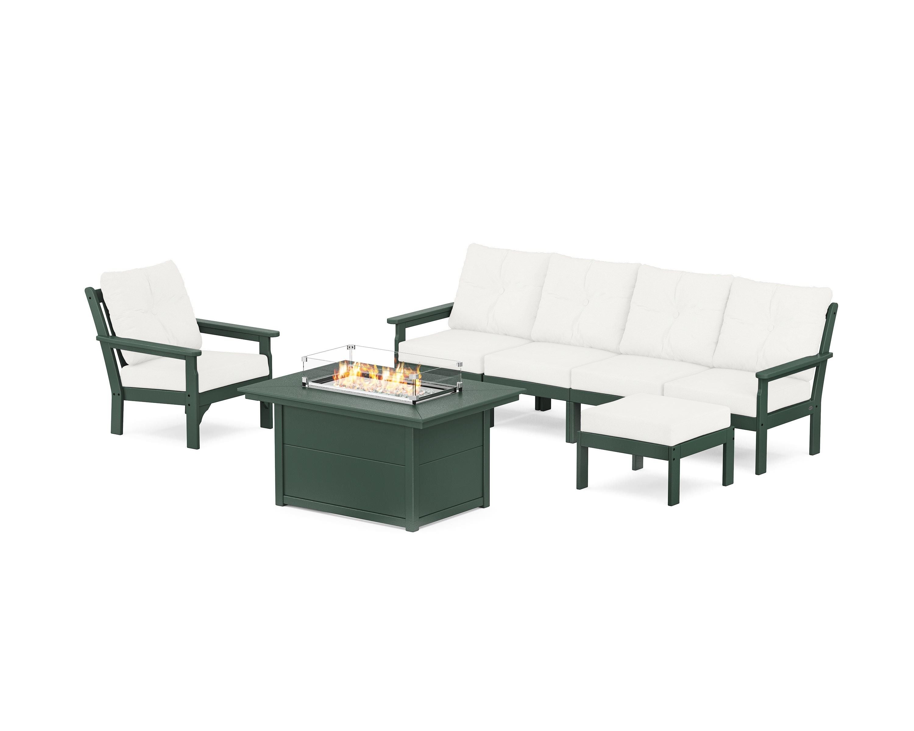 POLYWOOD® Vineyard Sectional Lounge and Fire Pit Set in Green / Natural Linen