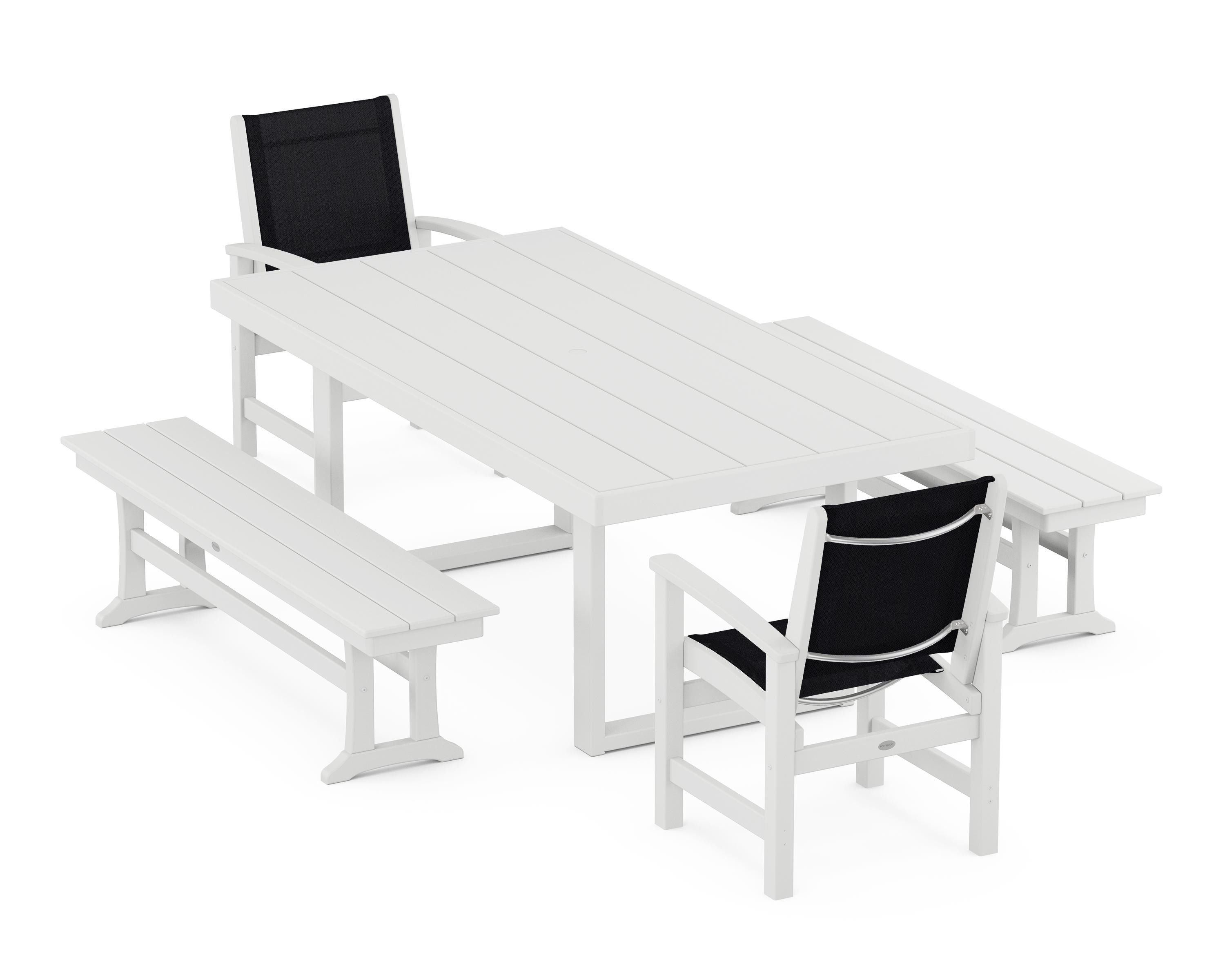 POLYWOOD® Coastal 5-Piece Dining Set with Trestle Legs in White / Black Sling