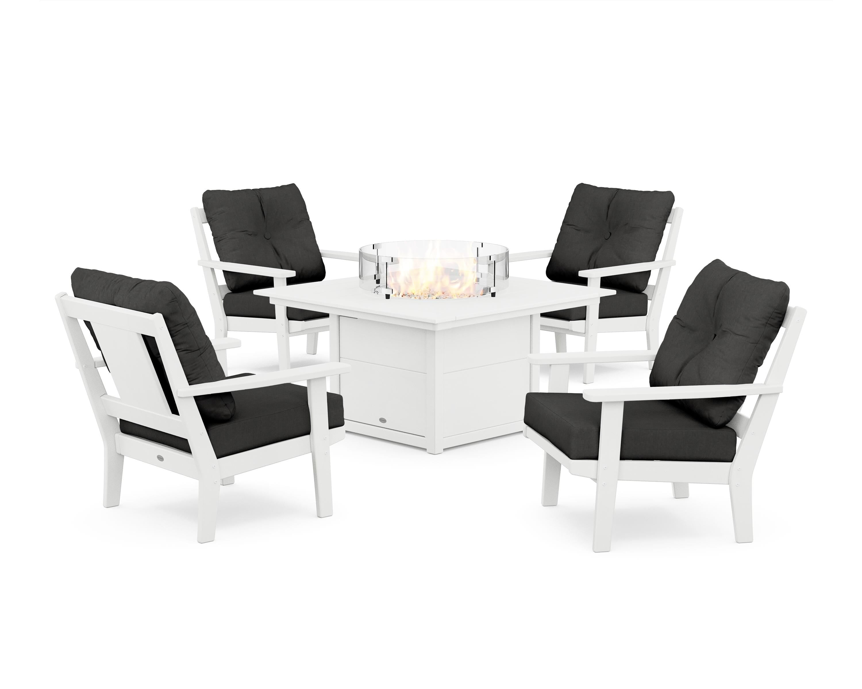 POLYWOOD® Prairie 5-Piece Deep Seating Set with Fire Pit Table in White / Spectrum Carbon