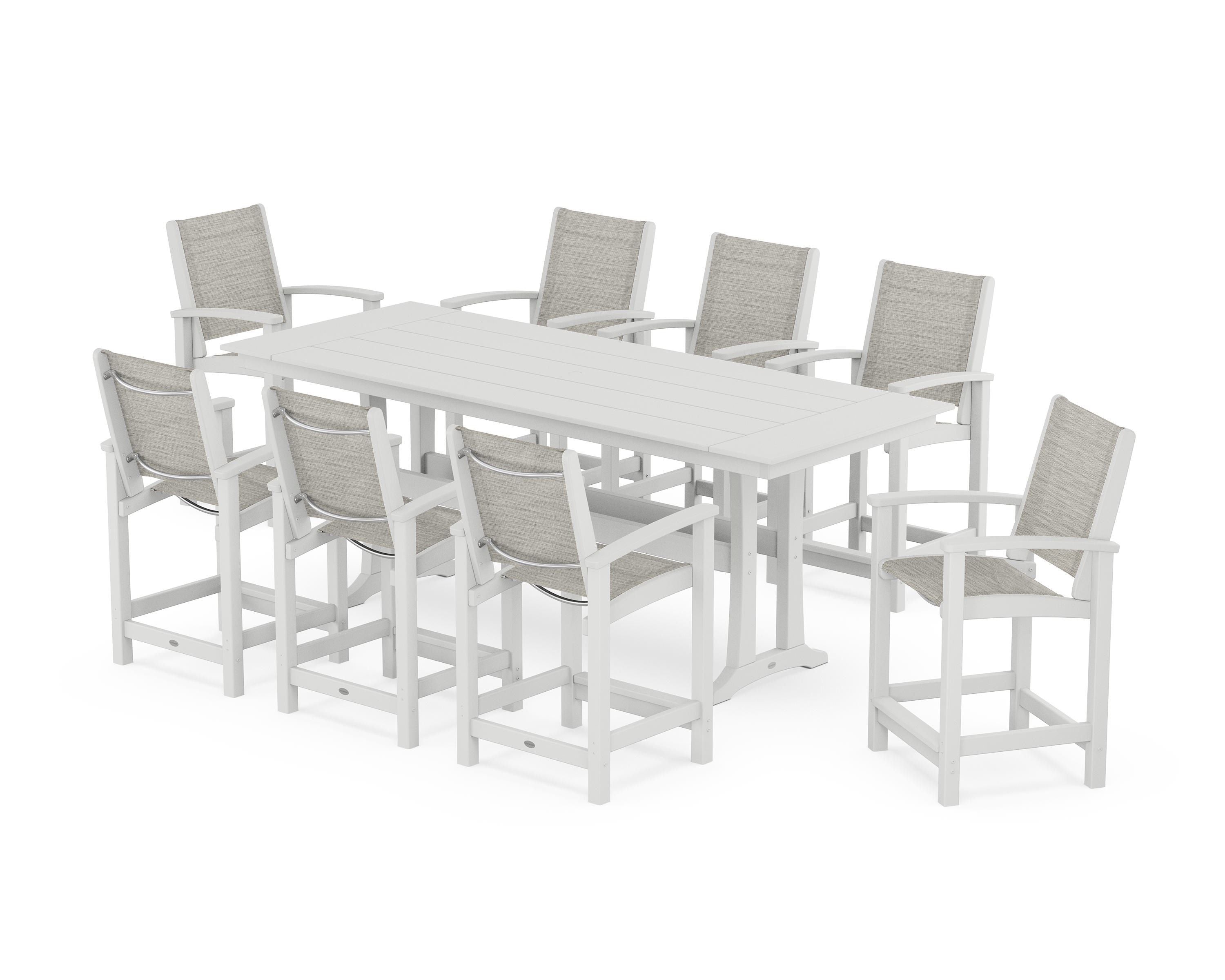 POLYWOOD® Coastal 9-Piece Farmhouse Counter Set with Trestle Legs in White / Birch Sling
