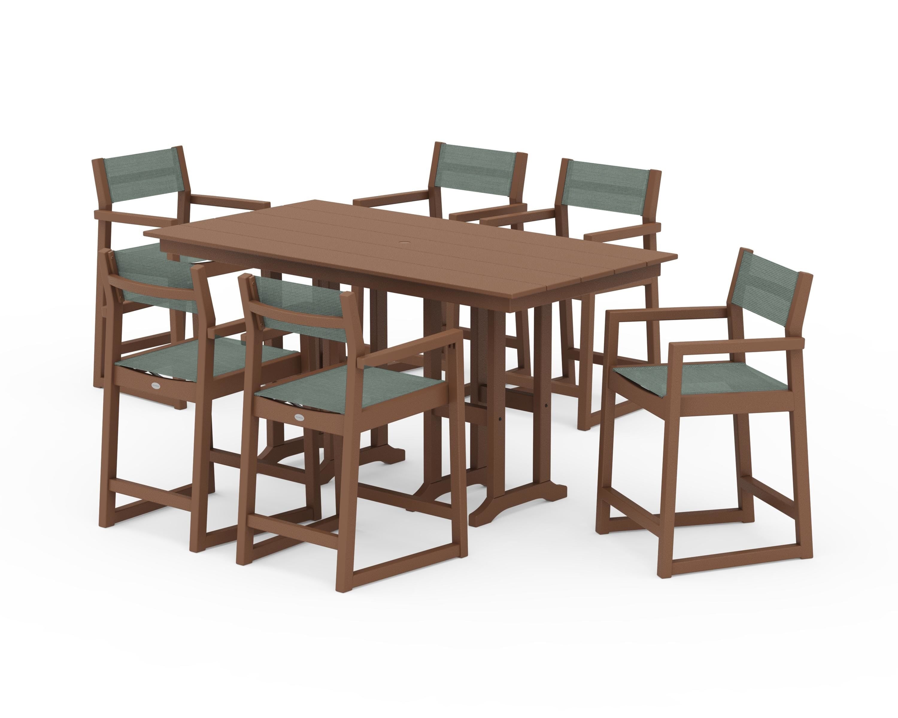 POLYWOOD® EDGE Sling Arm Chair 7-Piece Farmhouse Counter Set in Teak / Dupioni Sea Mist Sling