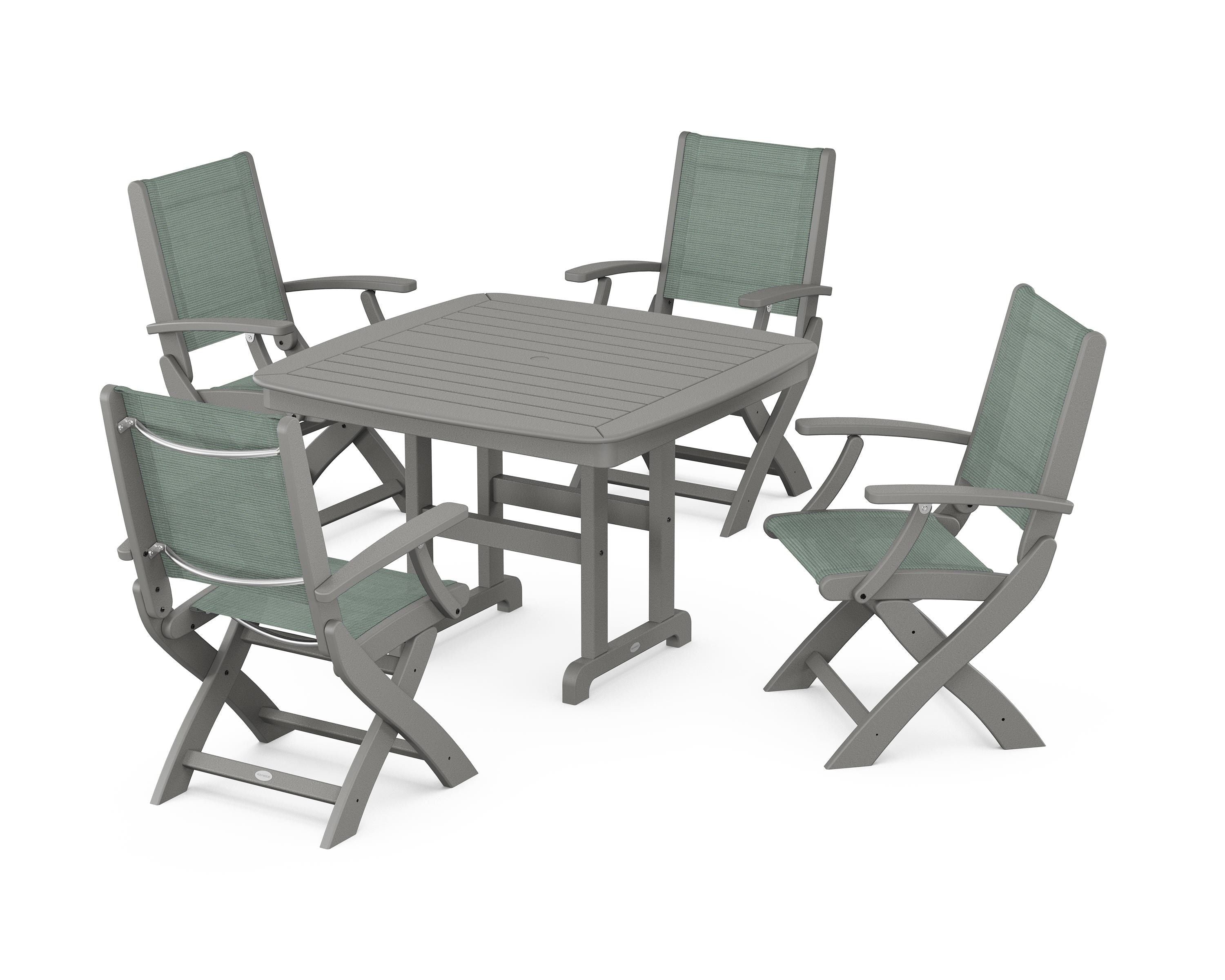POLYWOOD® Coastal Folding Chair 5-Piece Dining Set in Slate Grey / Dupioni Sea Mist Sling