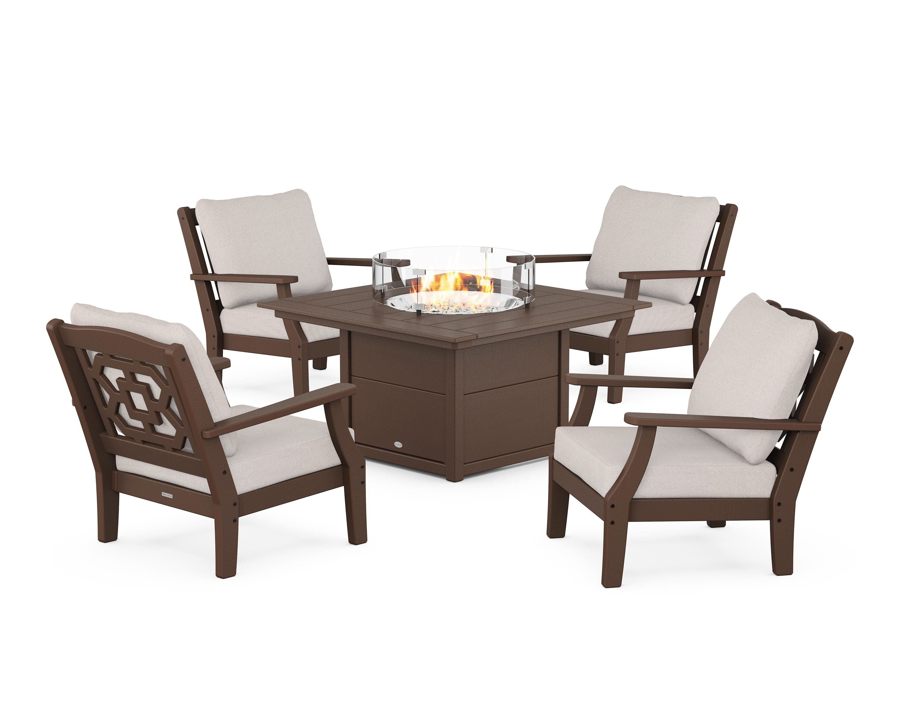 Martha Stewart by POLYWOOD® Chinoiserie 5-Piece Deep Seating Set with Fire Pit Table in Mahogany / Dune Burlap