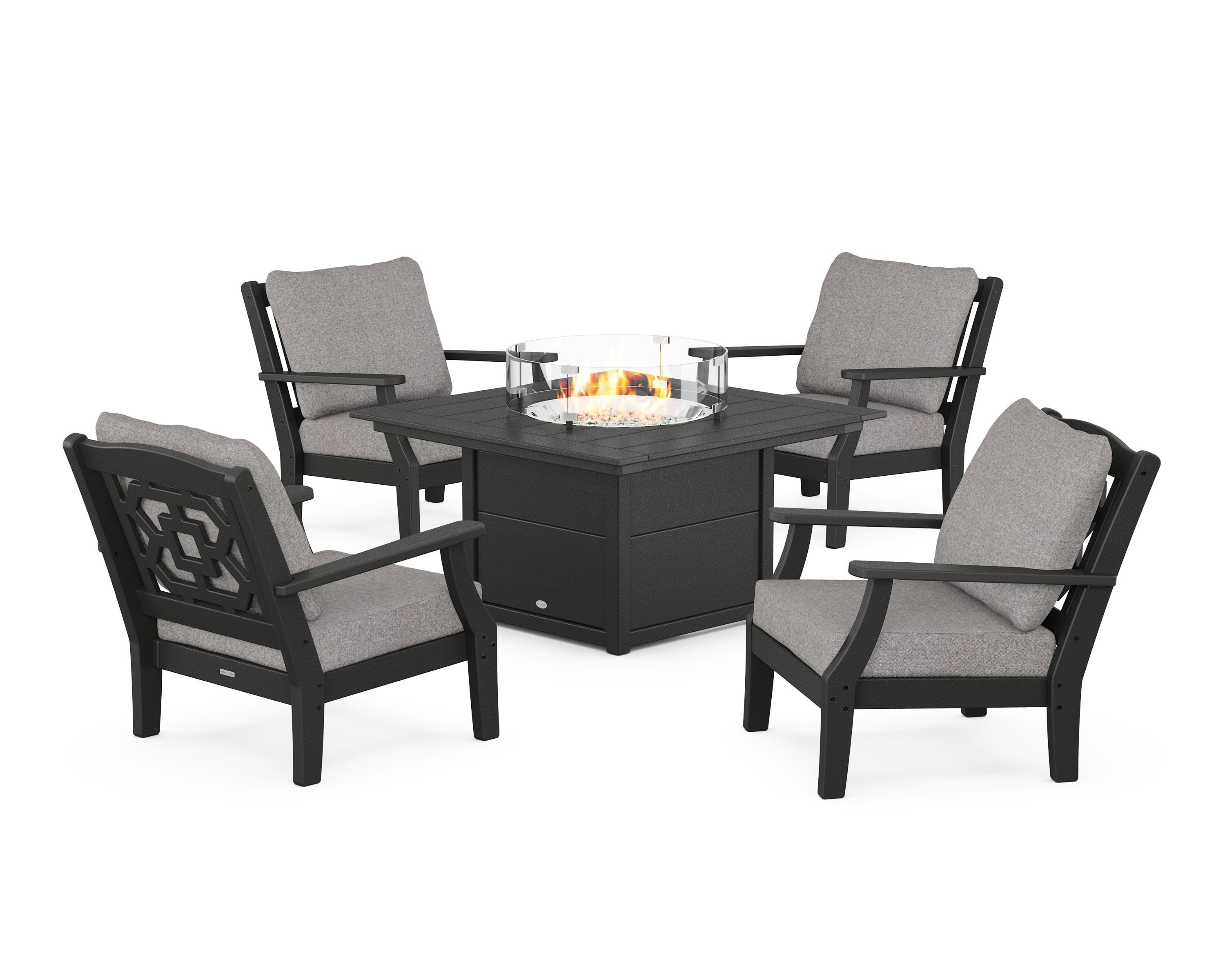 Martha Stewart by POLYWOOD® Chinoiserie 5-Piece Deep Seating Set with Fire Pit Table in Black / Grey Mist