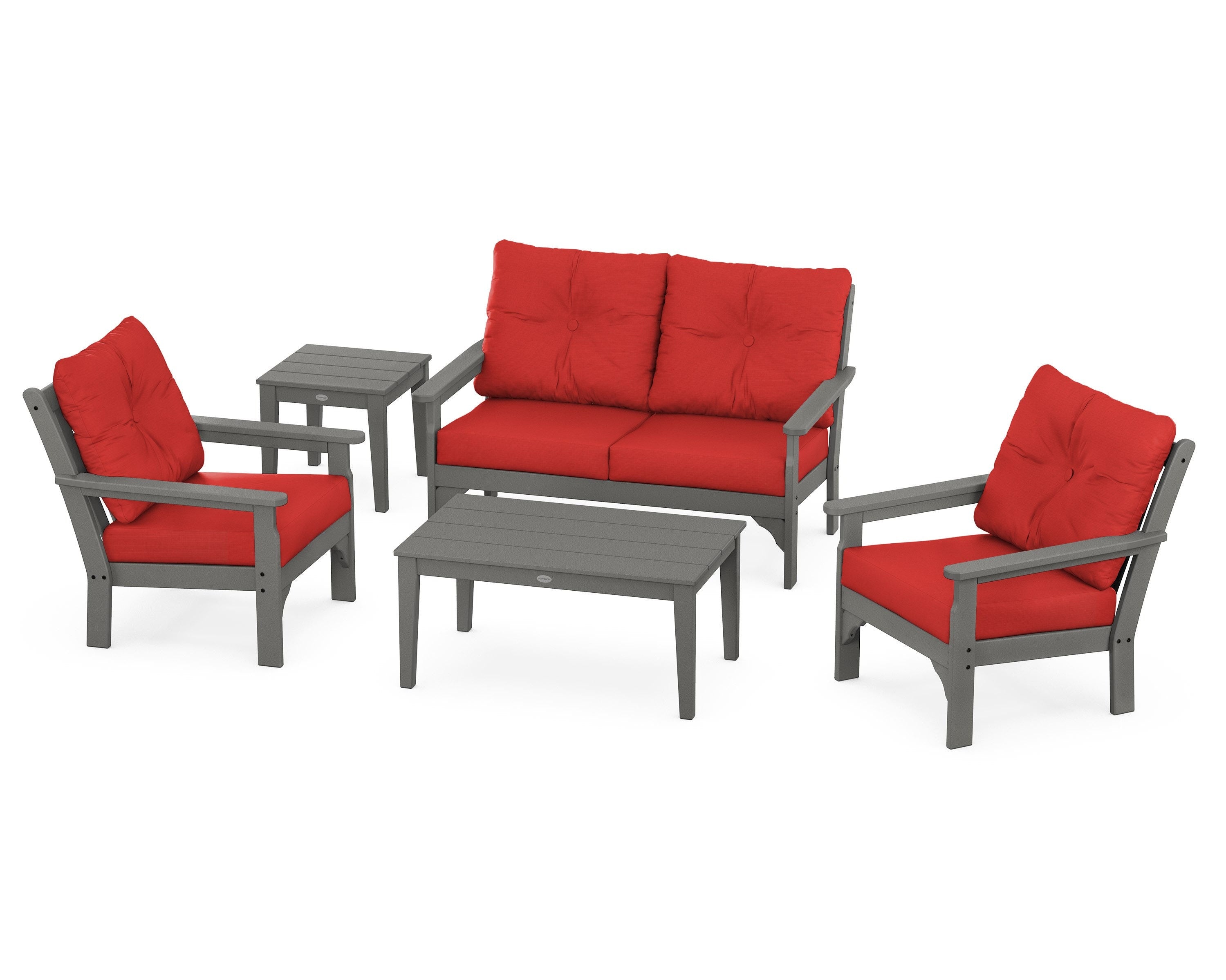 POLYWOOD® Vineyard 5-Piece Deep Seating Set in Slate Grey / Crimson Linen