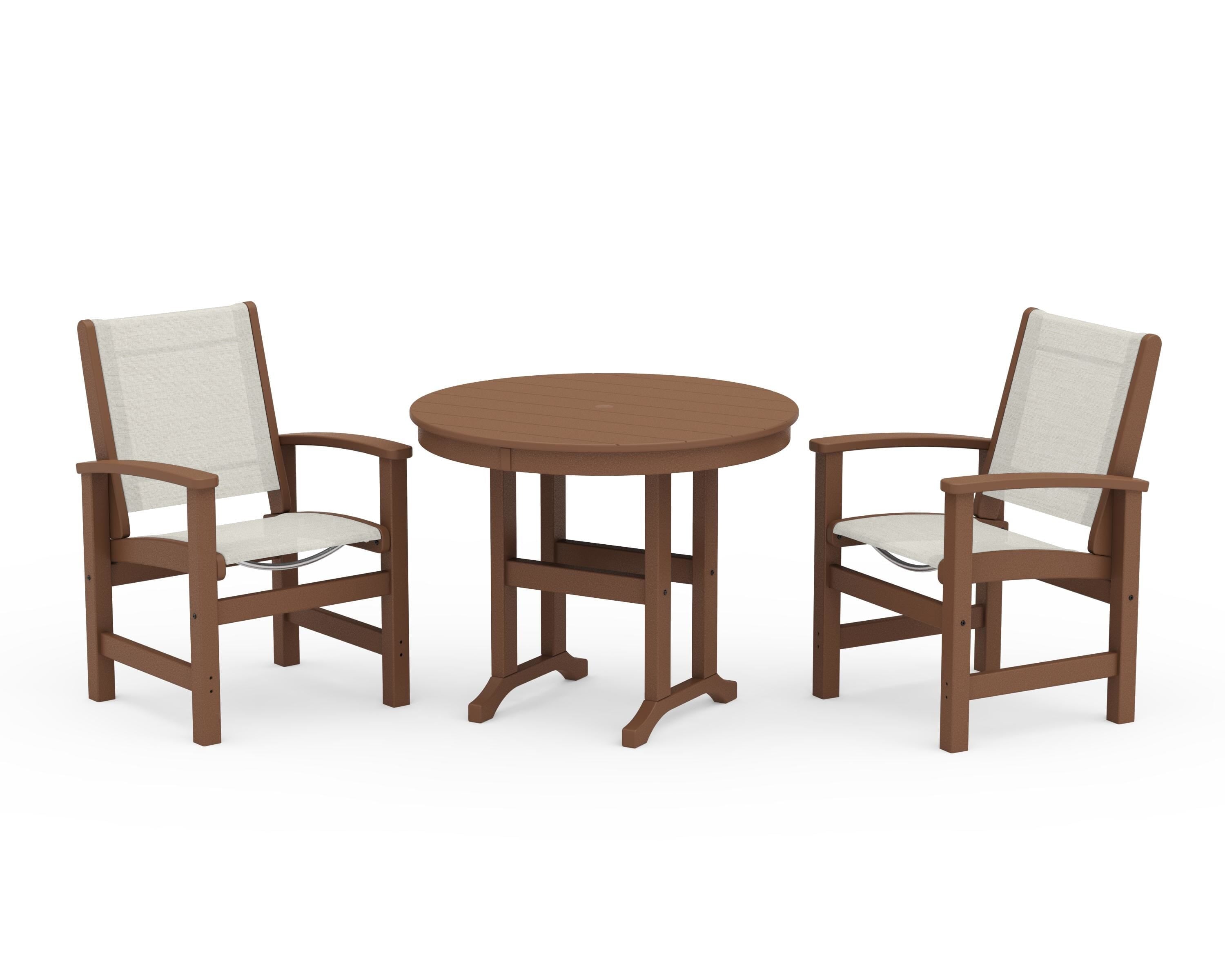 POLYWOOD® Coastal 3-Piece Round Dining Set in Teak / Parchment Sling