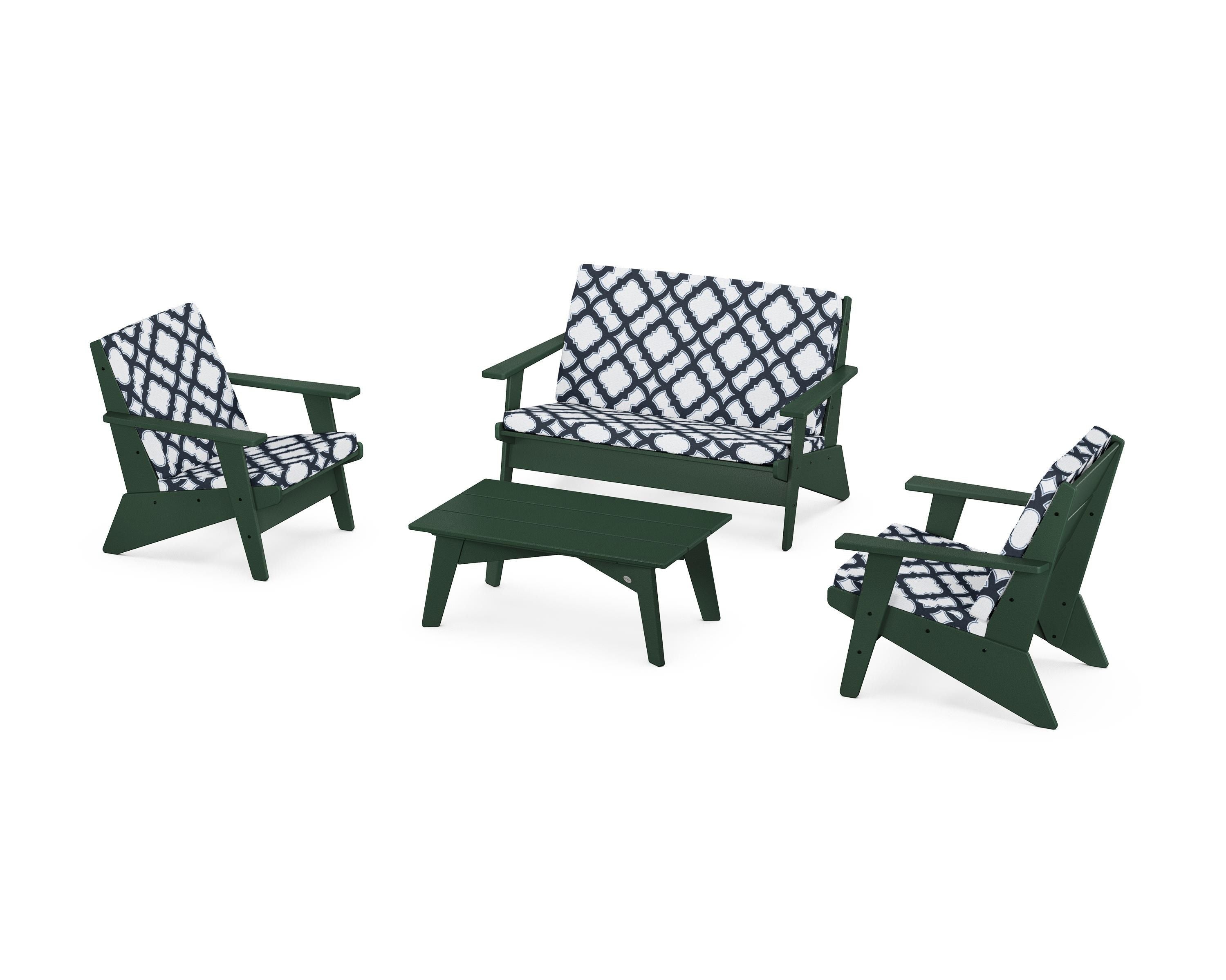 POLYWOOD® Riviera Modern Lounge 4-Piece Set in Green / Trellis Marine Indigo