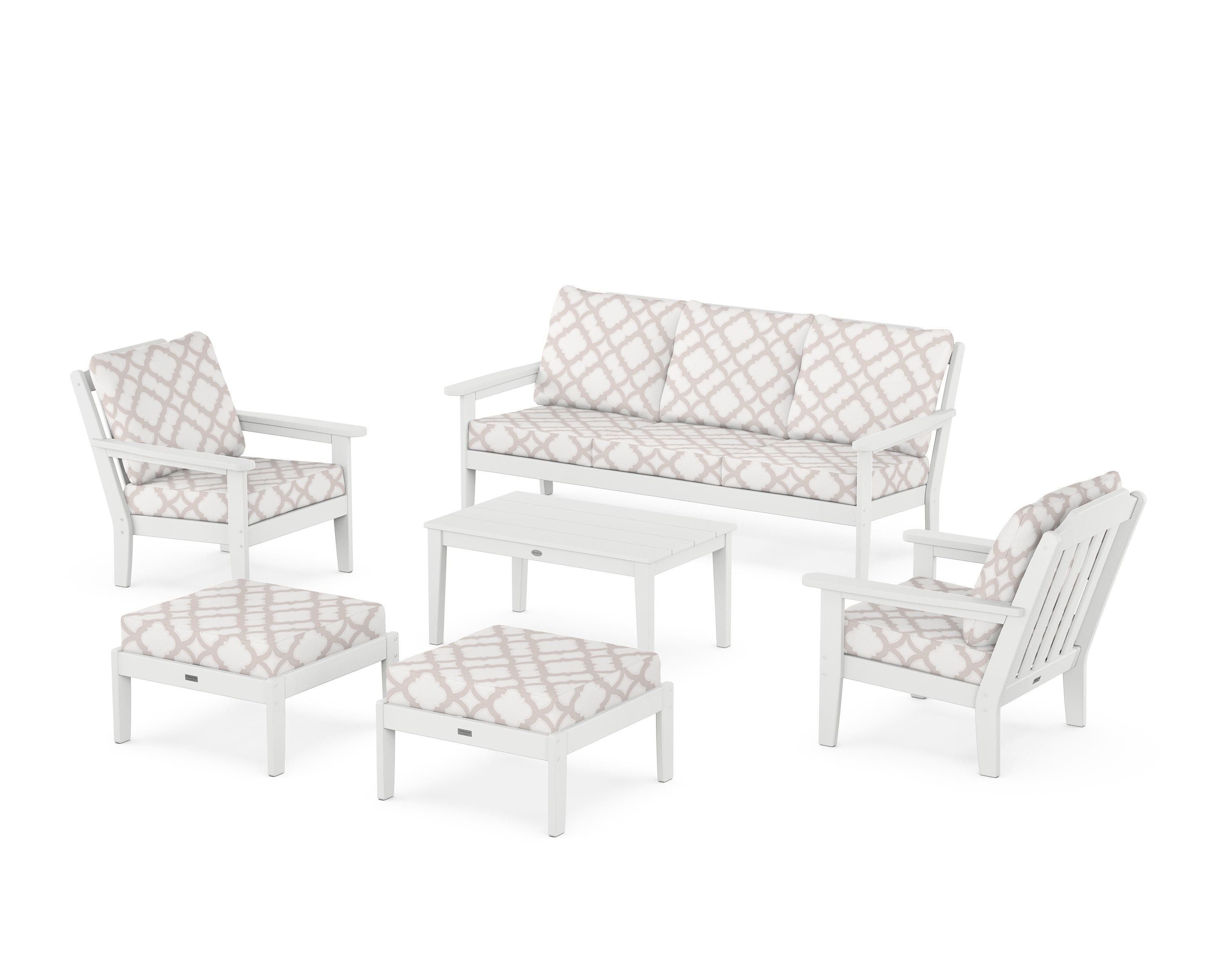 Country Living Cottage 6-Piece Lounge Sofa Set in White / Trellis Dune Burlap