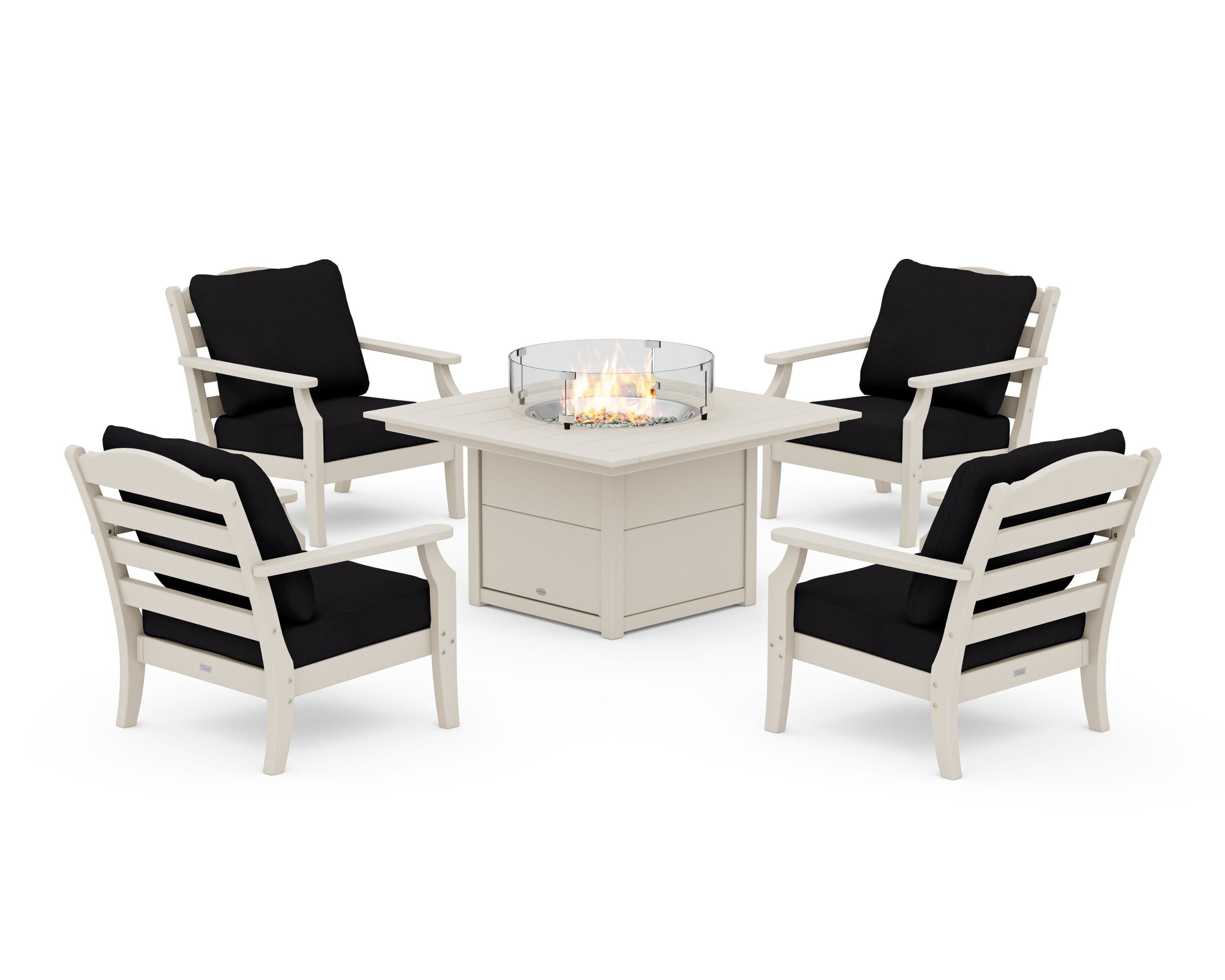Draper James™ by POLYWOOD® Savannah 5-Piece Deep Seating Set with Fire Pit Table in Sand / Midnight Linen