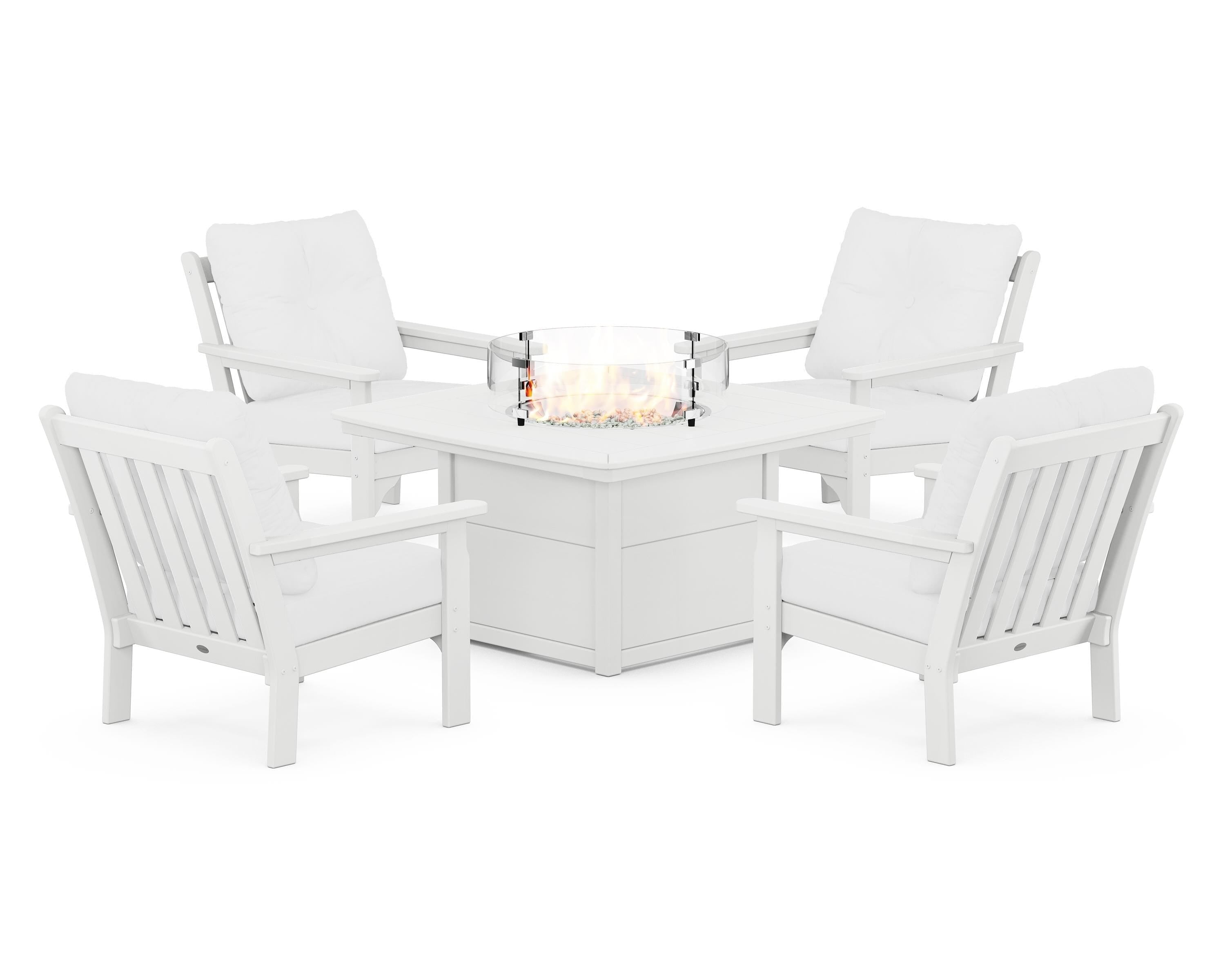 POLYWOOD® Vineyard 5-Piece Conversation Set with Fire Pit Table in White / Natural