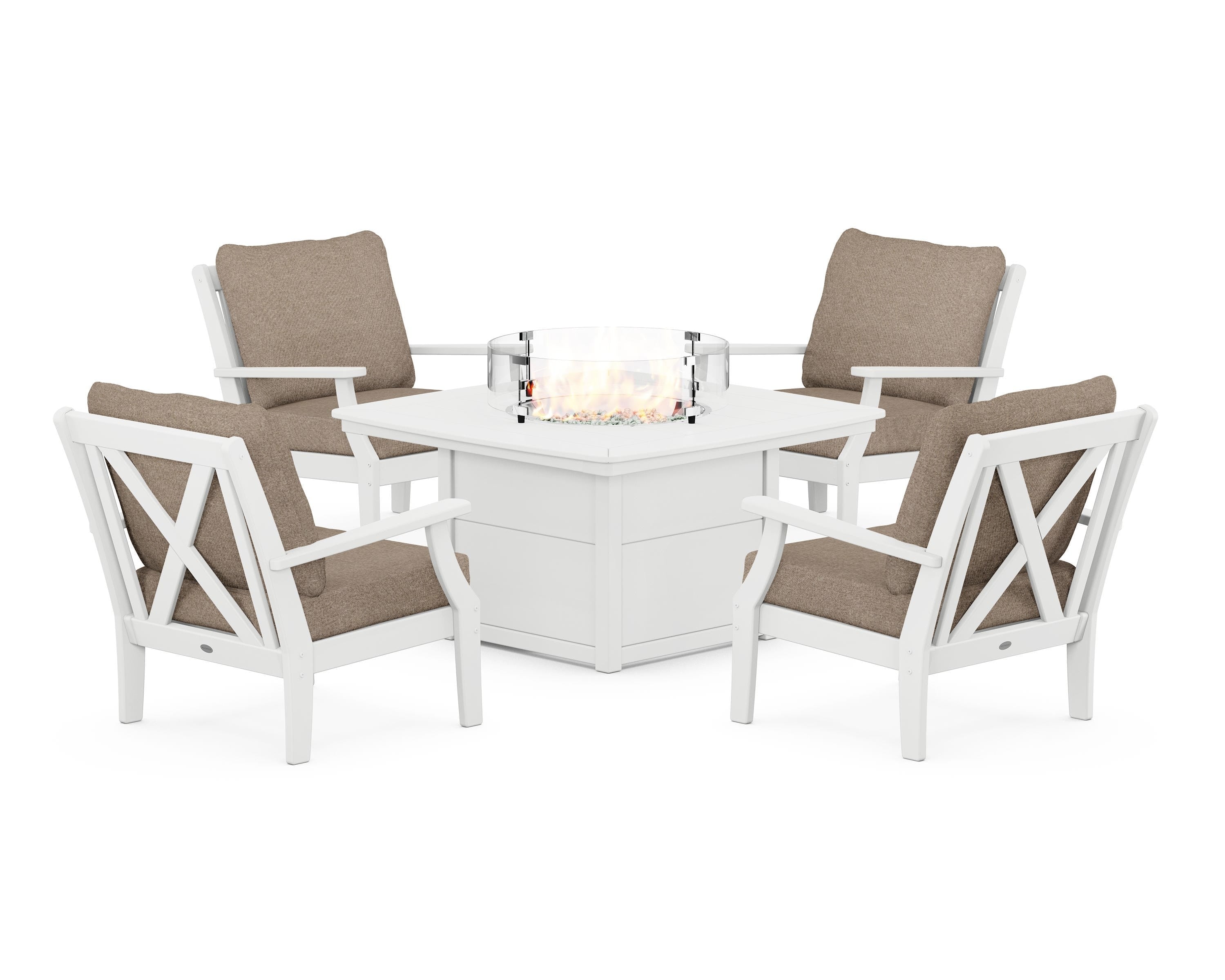 POLYWOOD® Braxton 5-Piece Deep Seating Conversation Set with Fire Pit Table in White / Spiced Burlap