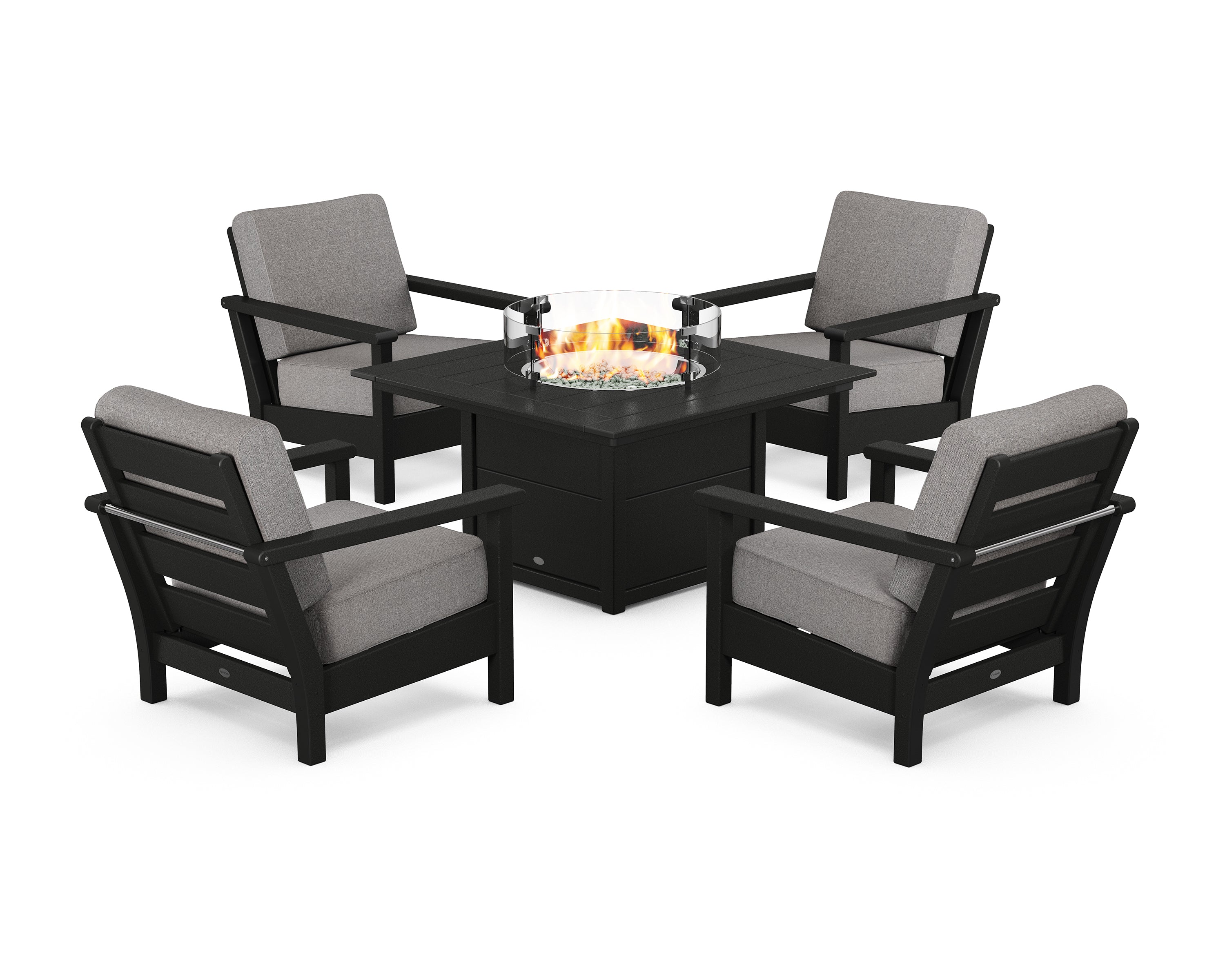 POLYWOOD® Harbour 5-Piece Conversation Set with Fire Pit Table in Black / Grey Mist
