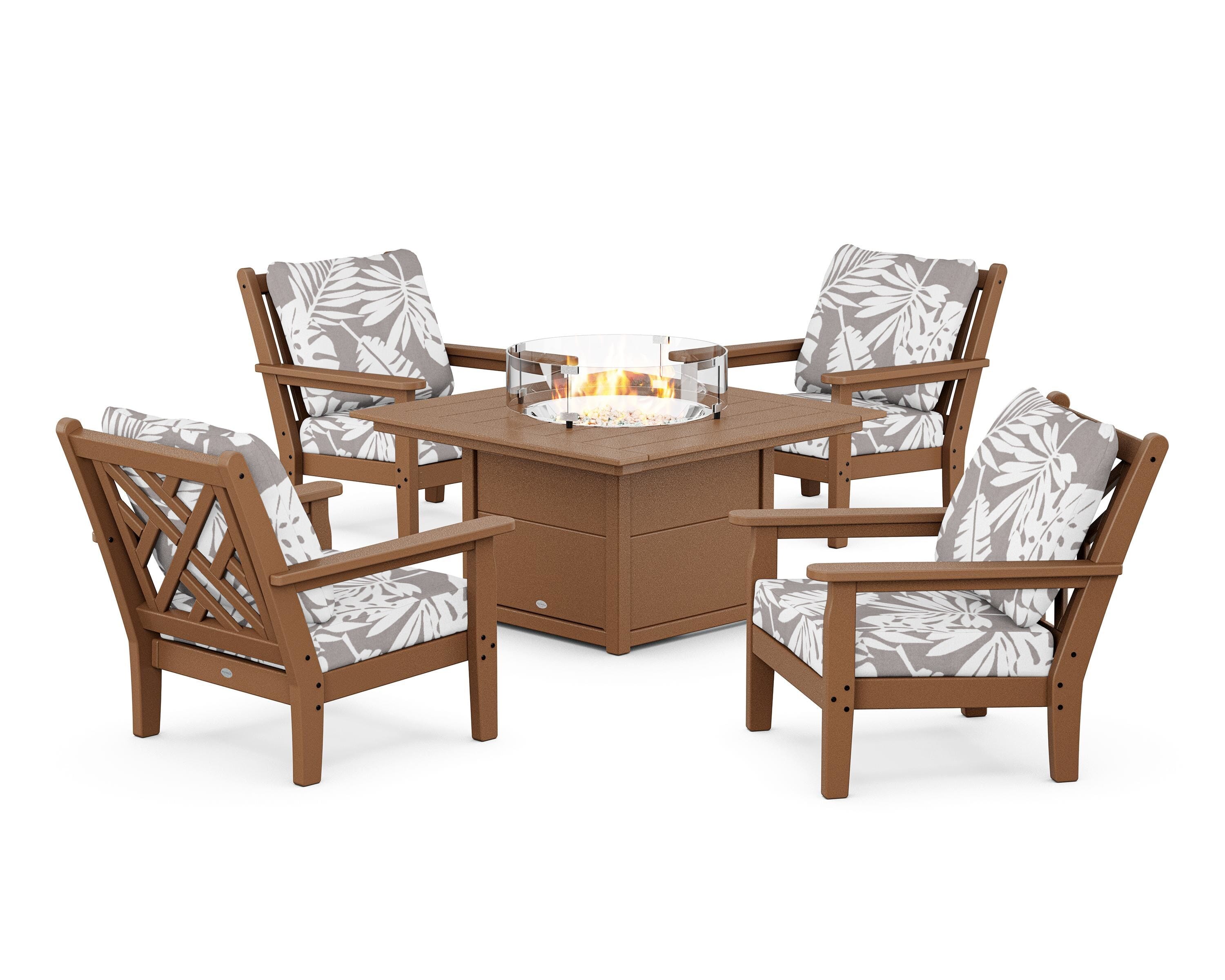 POLYWOOD® Chippendale 5-Piece Deep Seating Set with Fire Pit Table in Teak / Leaf Grey Mist