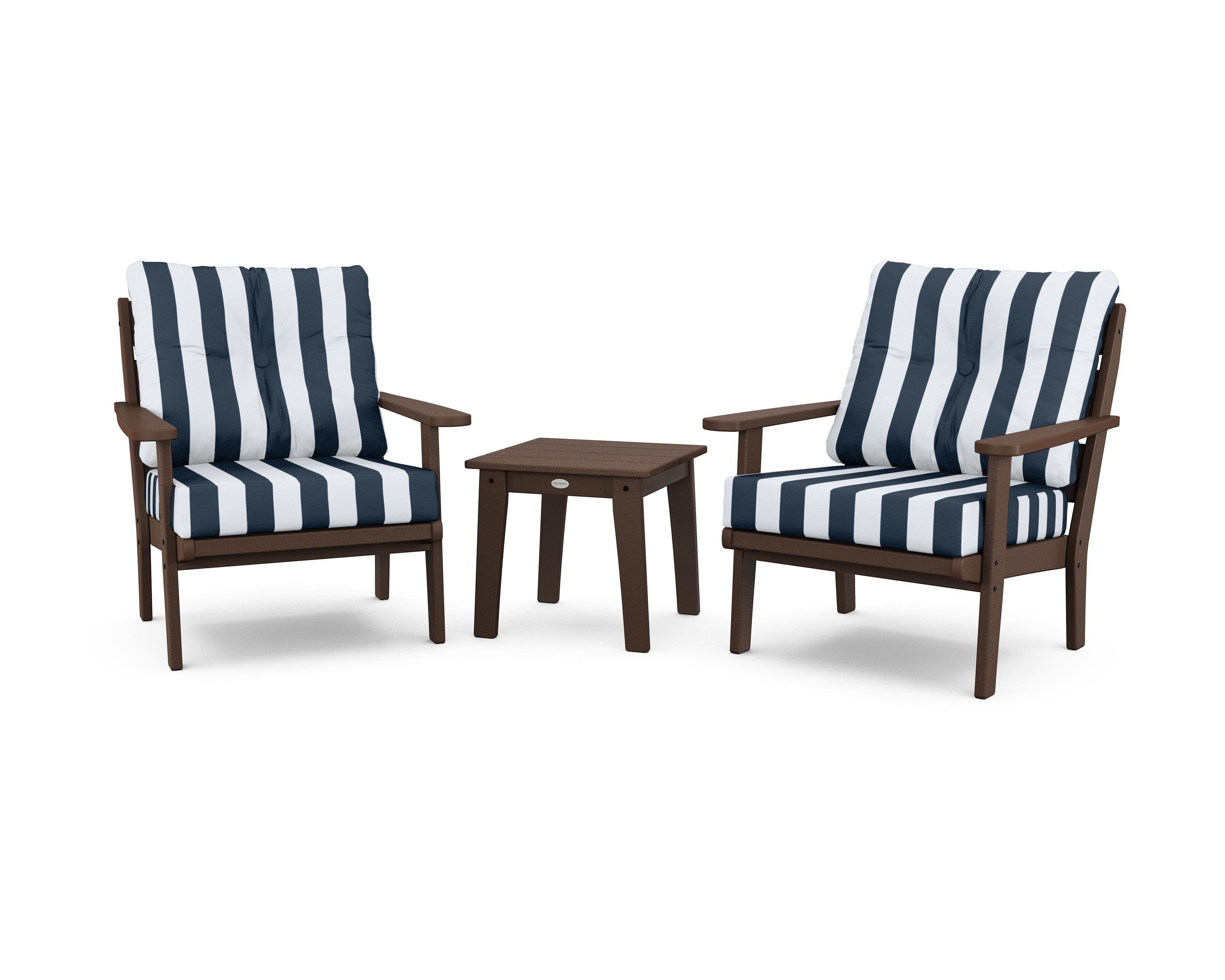 POLYWOOD® Lakeside 3-Piece Deep Seating Chair Set in Mahogany / Cabana Stripe Marine Indigo