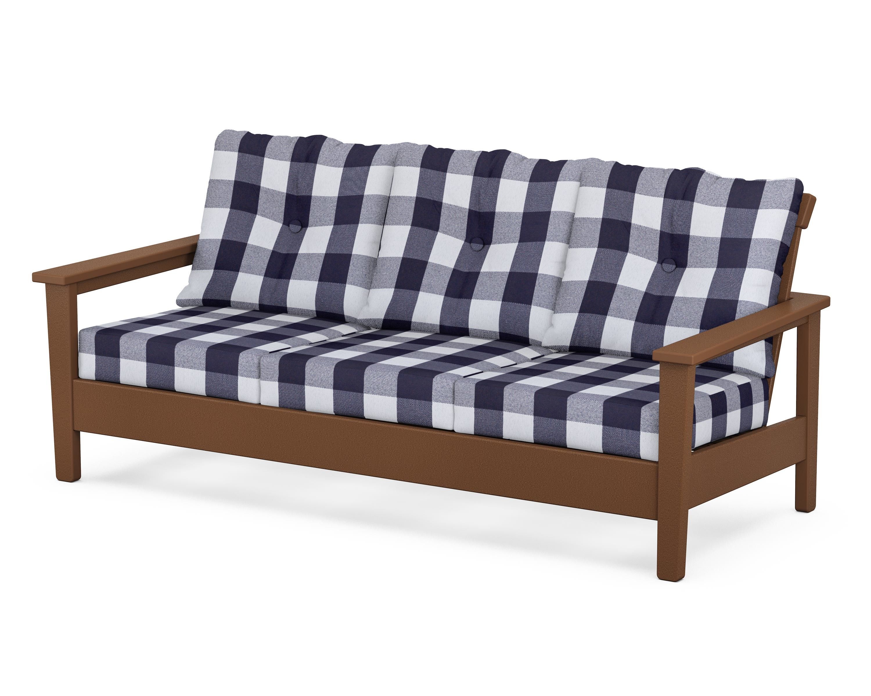 POLYWOOD® Prescott Deep Seating Sofa in Teak / Buffalo Plaid Navy