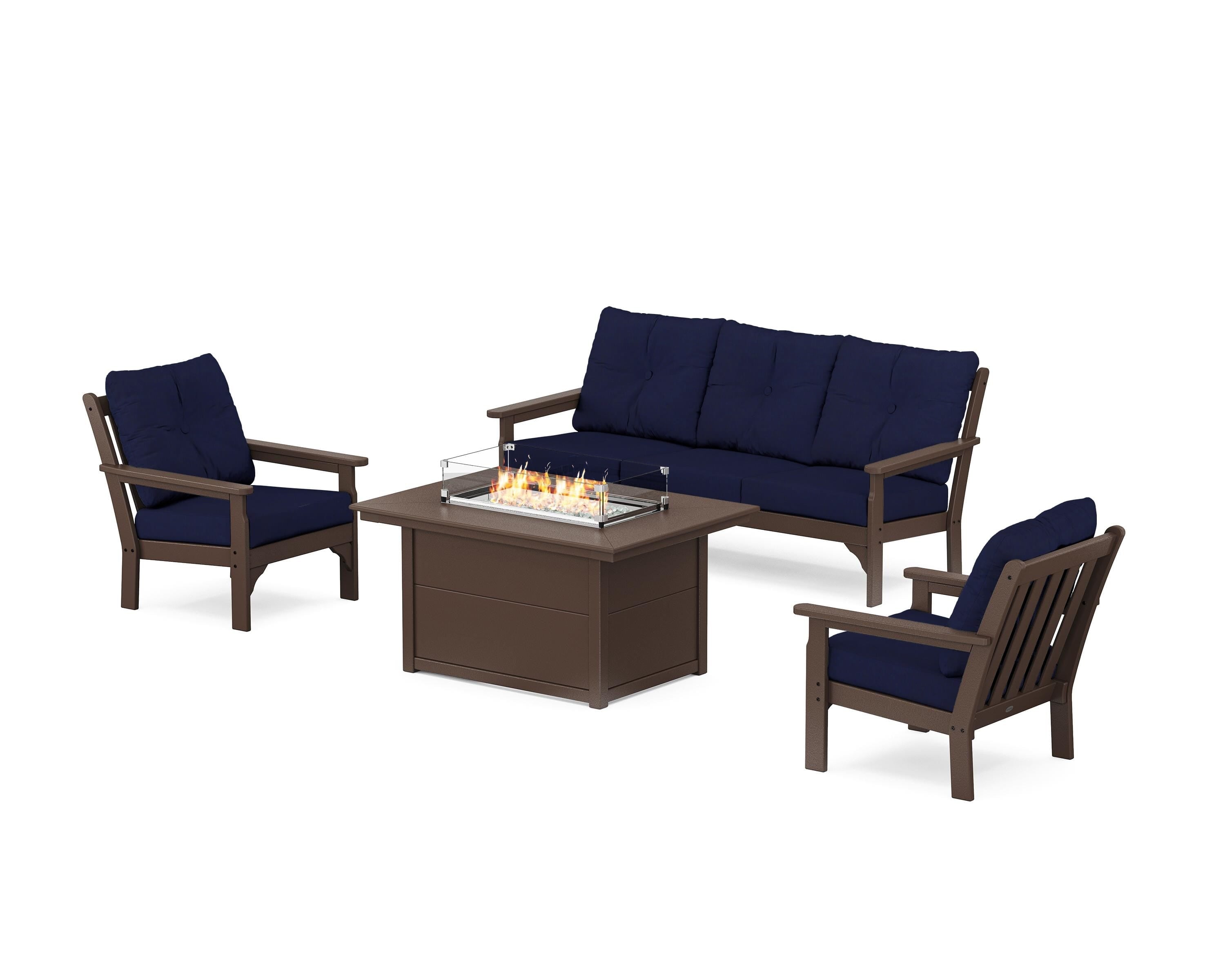POLYWOOD® Vineyard Deep Seating Fire Pit Table Set in Mahogany / Navy