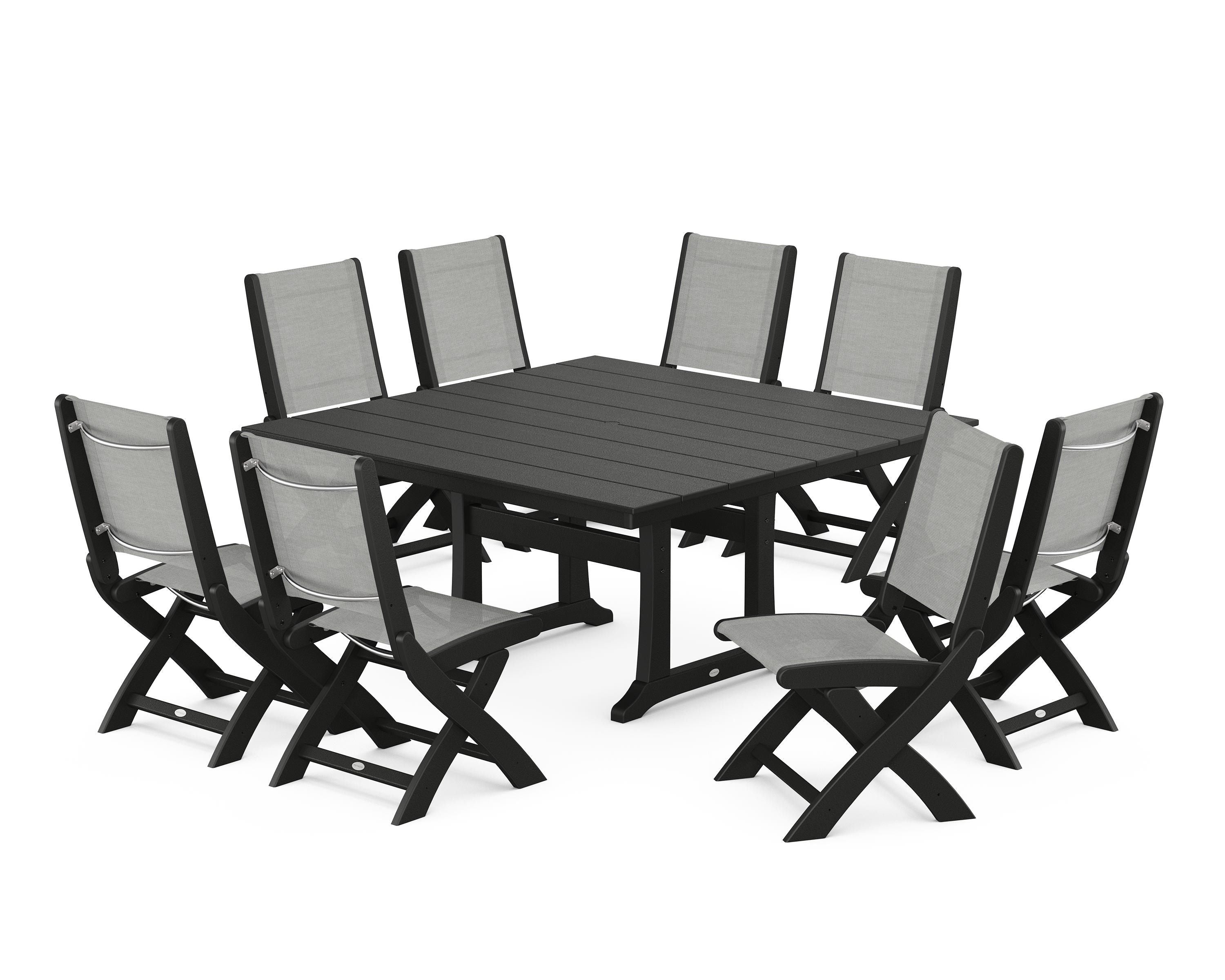 POLYWOOD® Coastal Folding Side Chair 9-Piece Farmhouse Dining Set in Black / Metallic Sling
