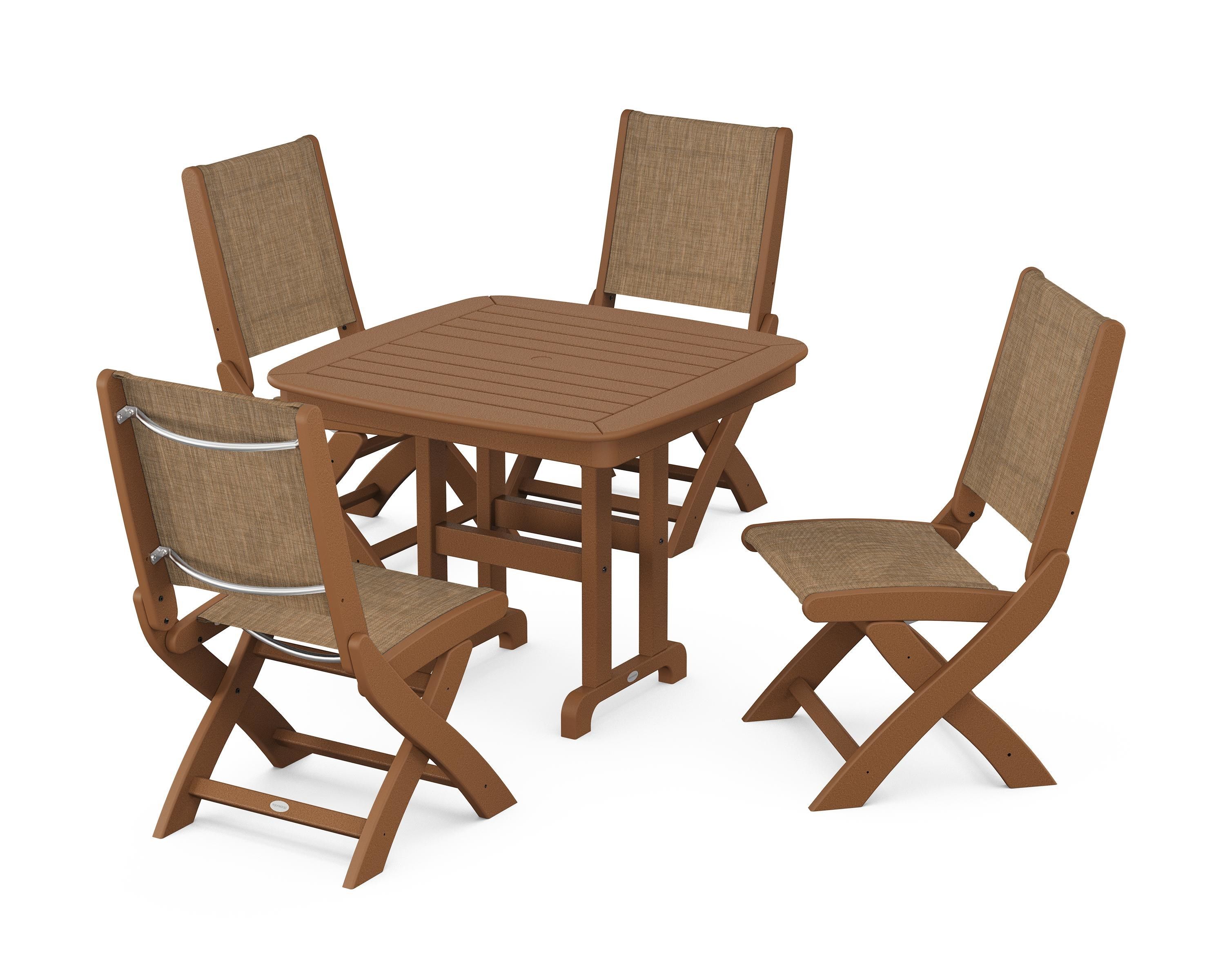 POLYWOOD® Coastal Folding Side Chair 5-Piece Dining Set in Teak / Burlap Sling