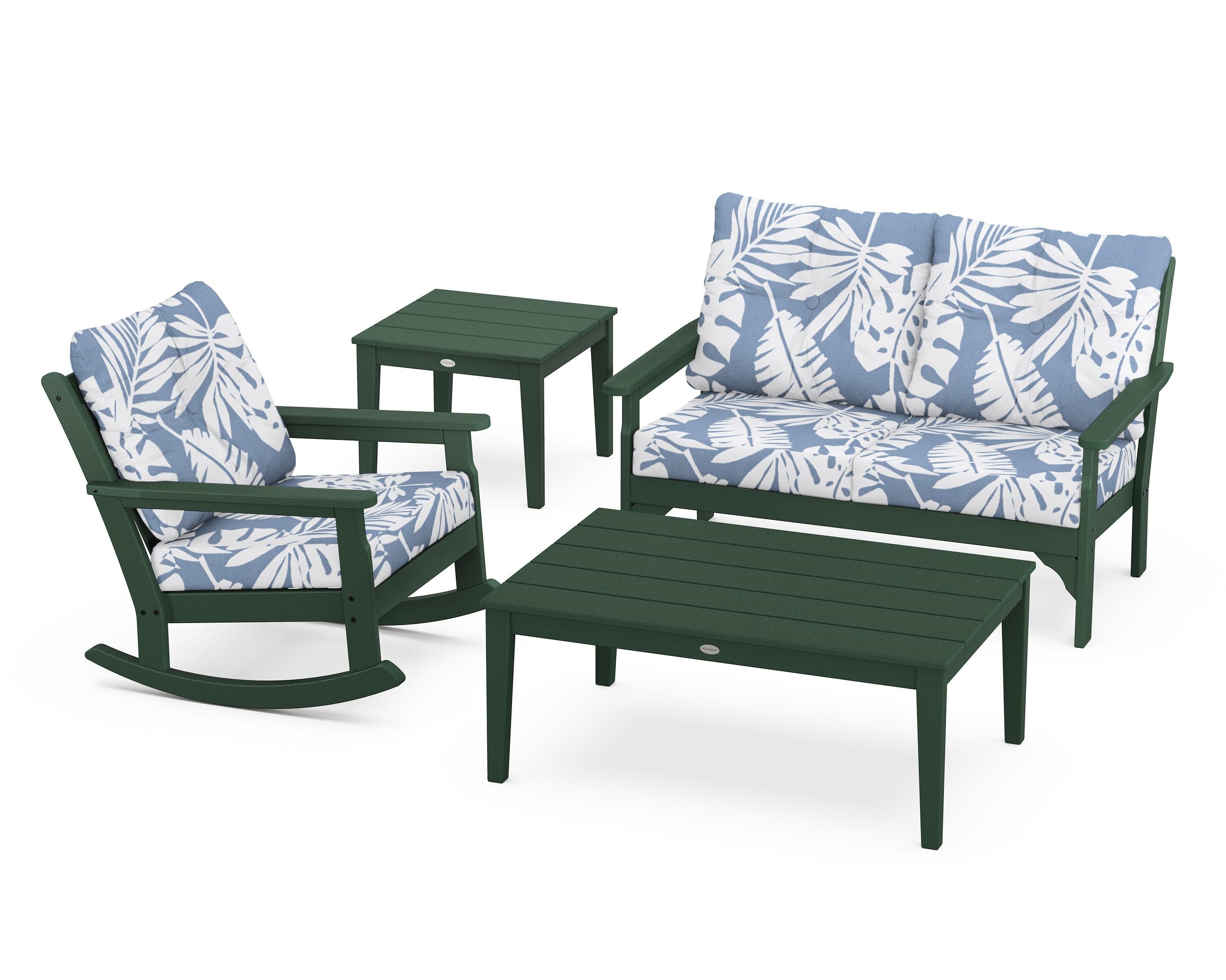 POLYWOOD® Vineyard 4-Piece Deep Seating Rocker Set in Green / Leaf Sky Blue
