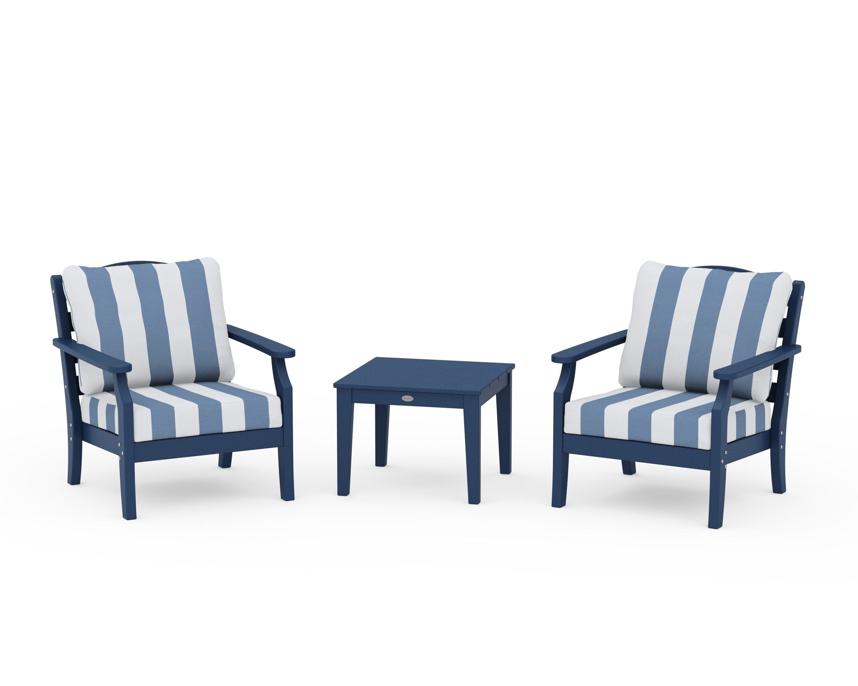 Draper James™ by POLYWOOD® Savannah 3-Piece Deep Seating Set in Navy / Cabana Stripe Sky Blue