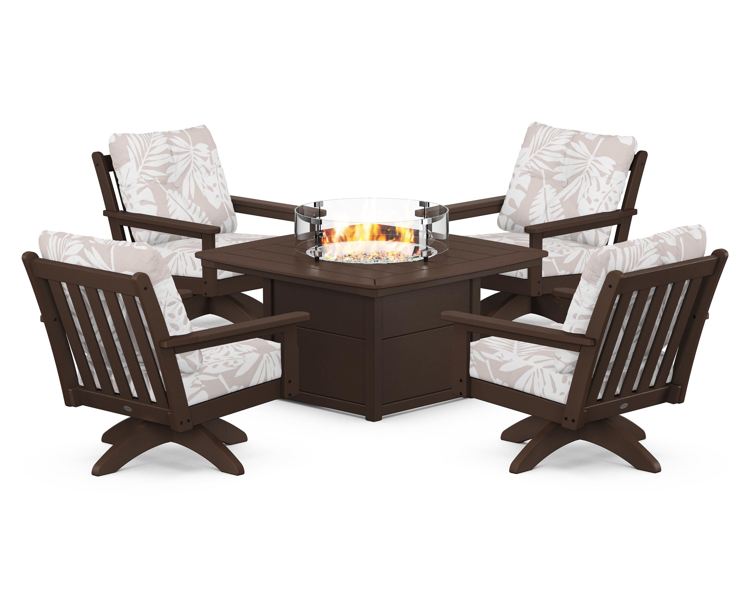 POLYWOOD® Vineyard 5-Piece Deep Seating Swivel Conversation Set with Fire Pit Table in Mahogany / Leaf Dune Burlap