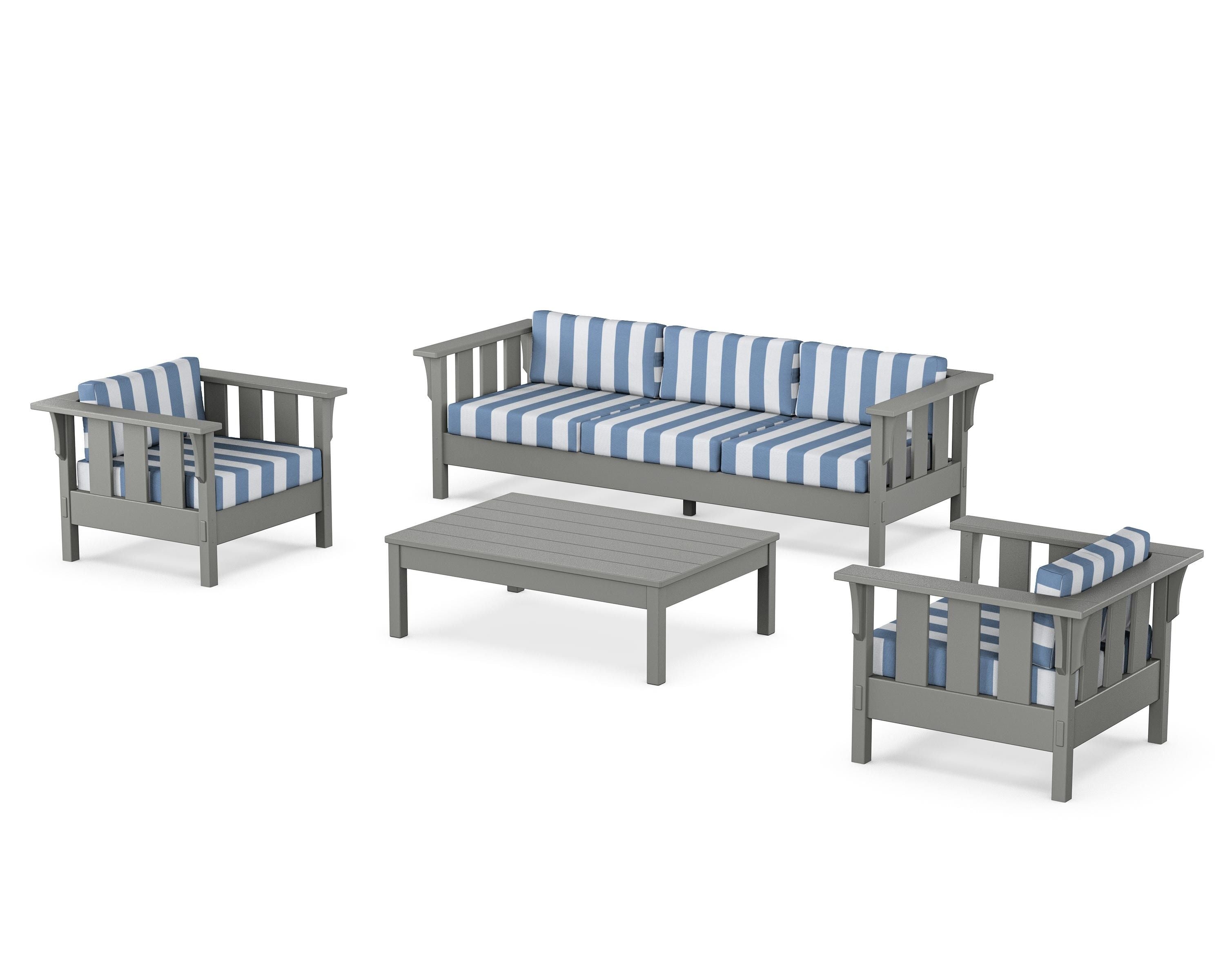 Martha Stewart by POLYWOOD® Acadia 4-Piece Deep Seating Set with Sofa in Slate Grey / Cabana Stripe Sky Blue