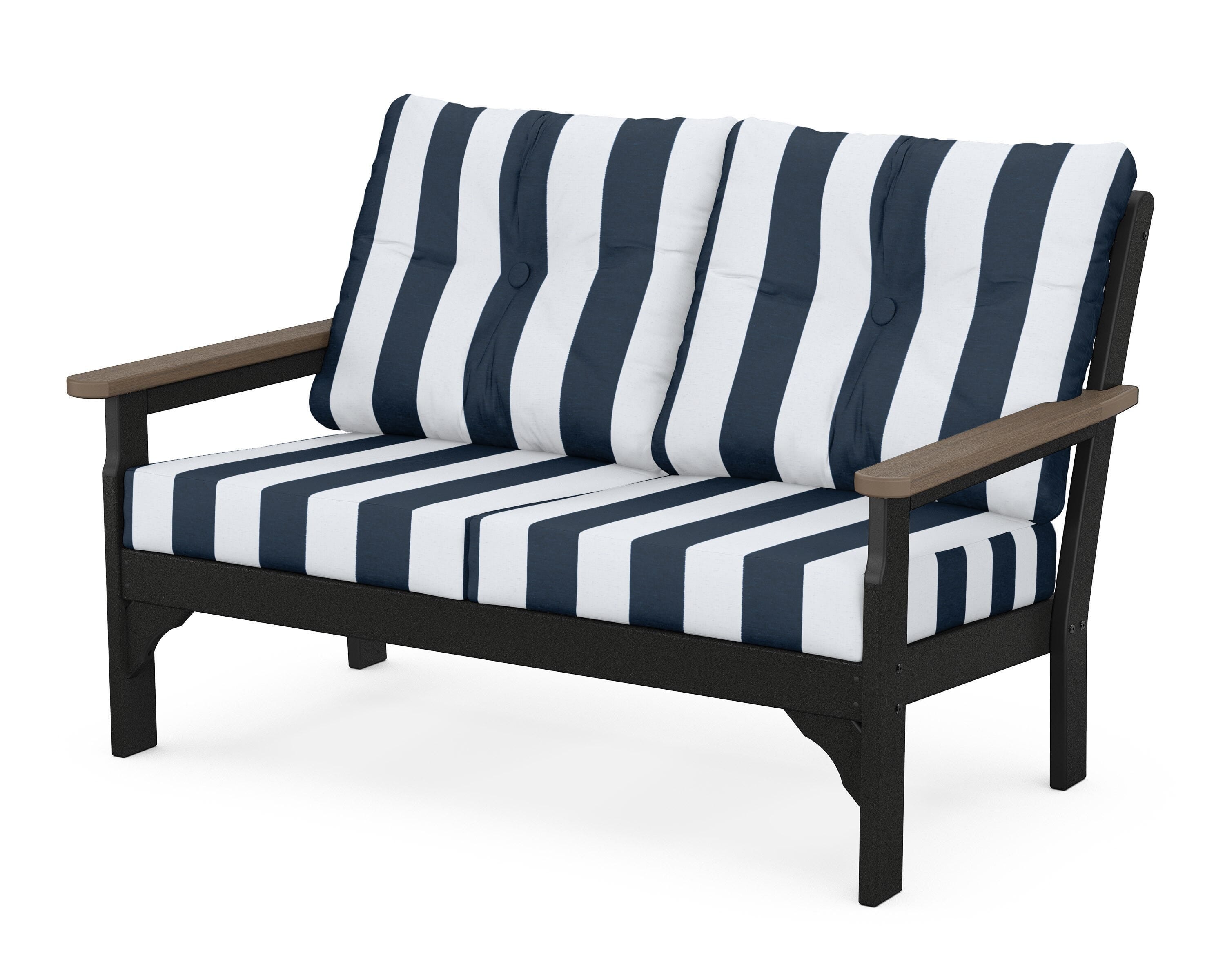 POLYWOOD® Vineyard Deep Seating Loveseat in Black / Kona / Cabana Stripe Marine Indigo