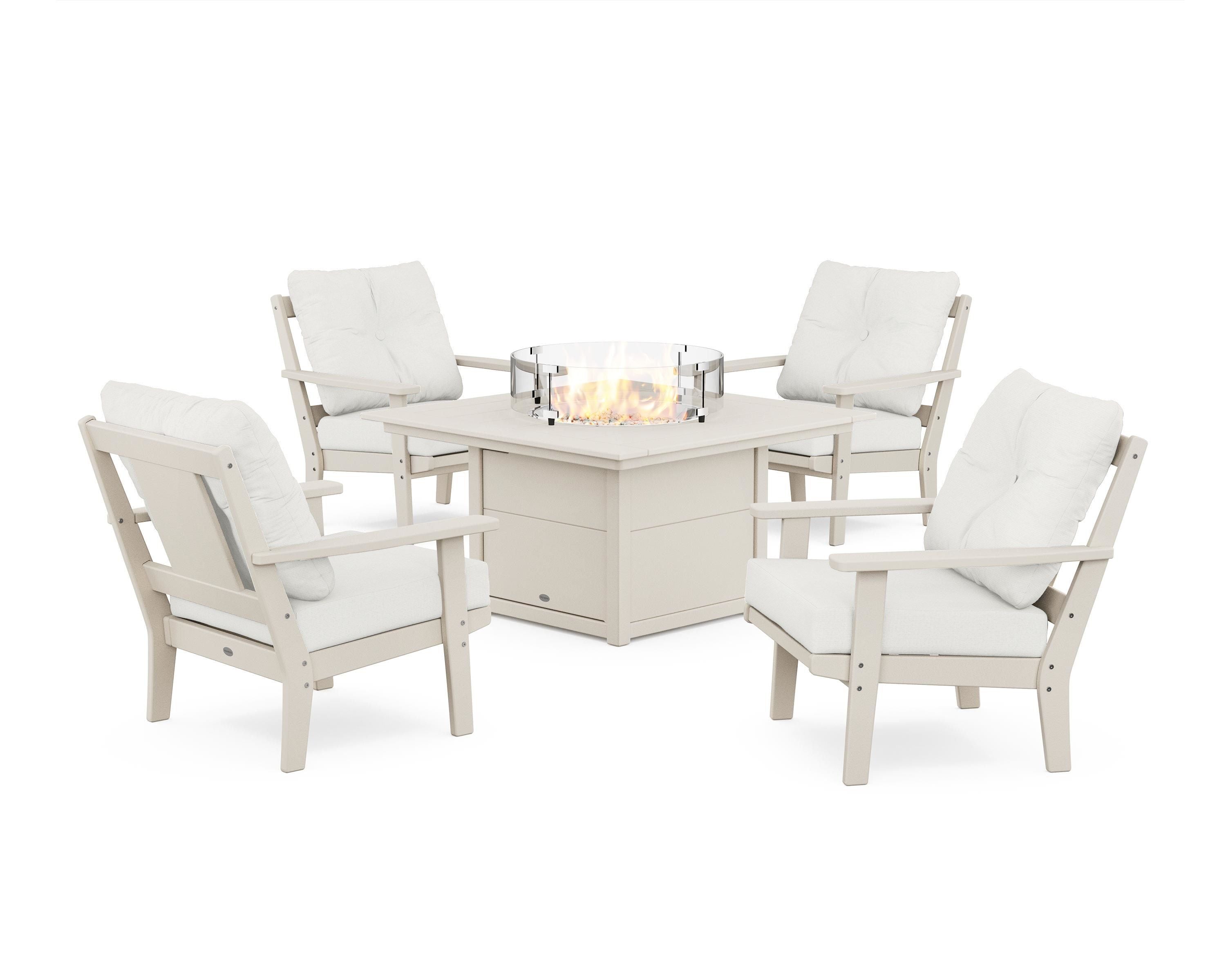 POLYWOOD® Prairie 5-Piece Deep Seating Set with Fire Pit Table in Sand / Natural Linen