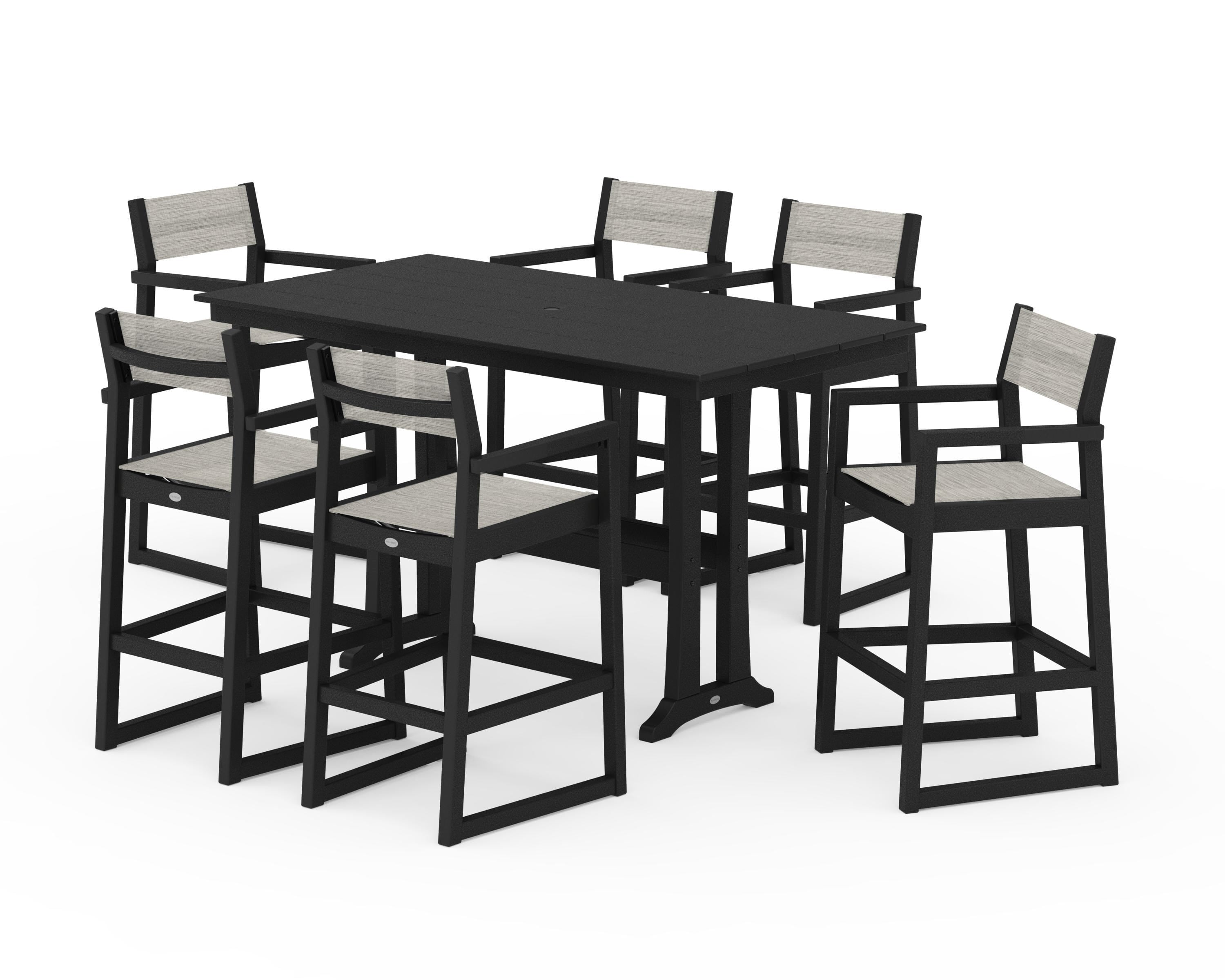 POLYWOOD® EDGE Sling Arm Chair 7-Piece Farmhouse Bar Set with Trestle Legs in Black / Birch Sling