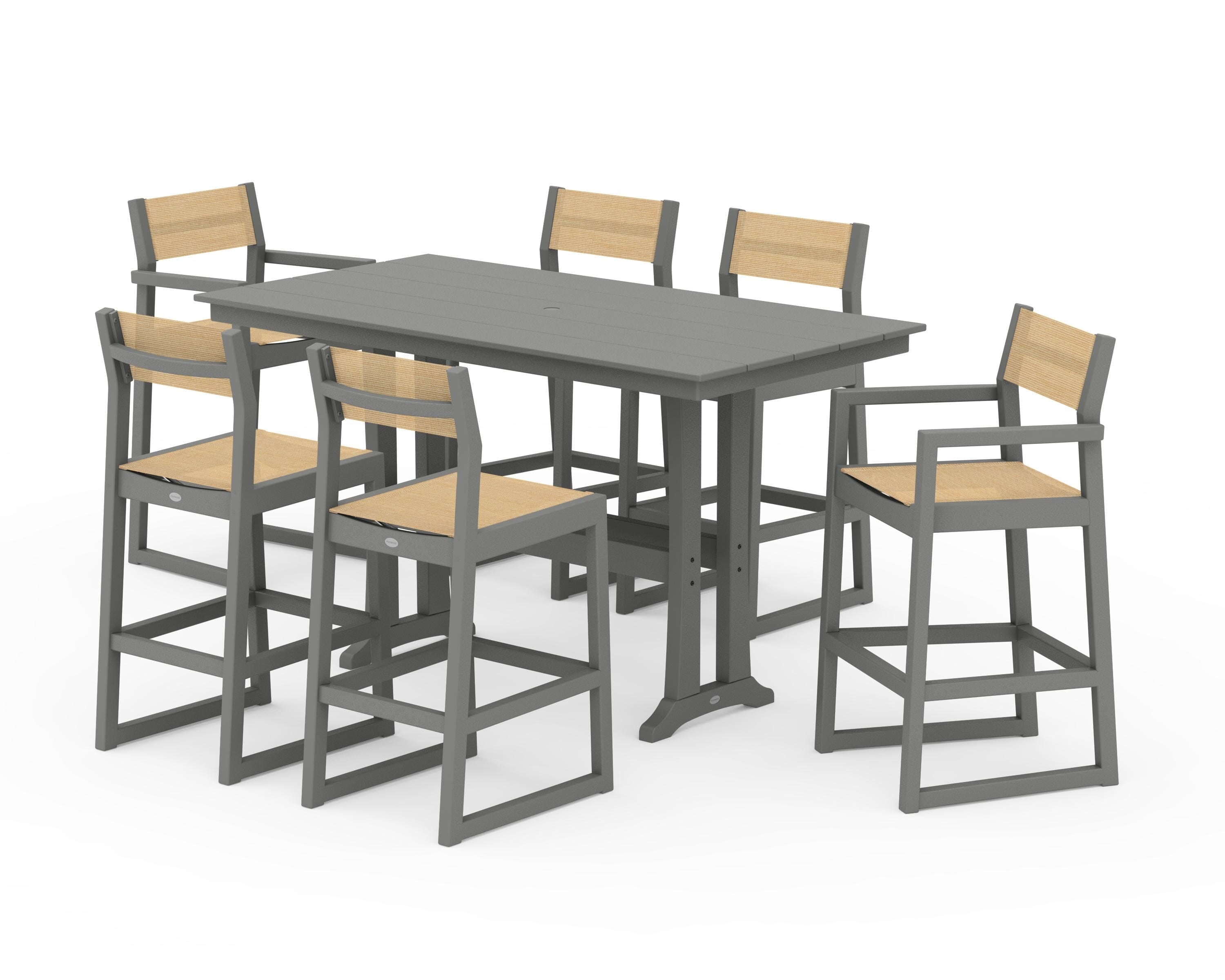 POLYWOOD® EDGE Sling 7-Piece Farmhouse Bar Set with Trestle Legs in Slate Grey / Dupioni Apricot Sling