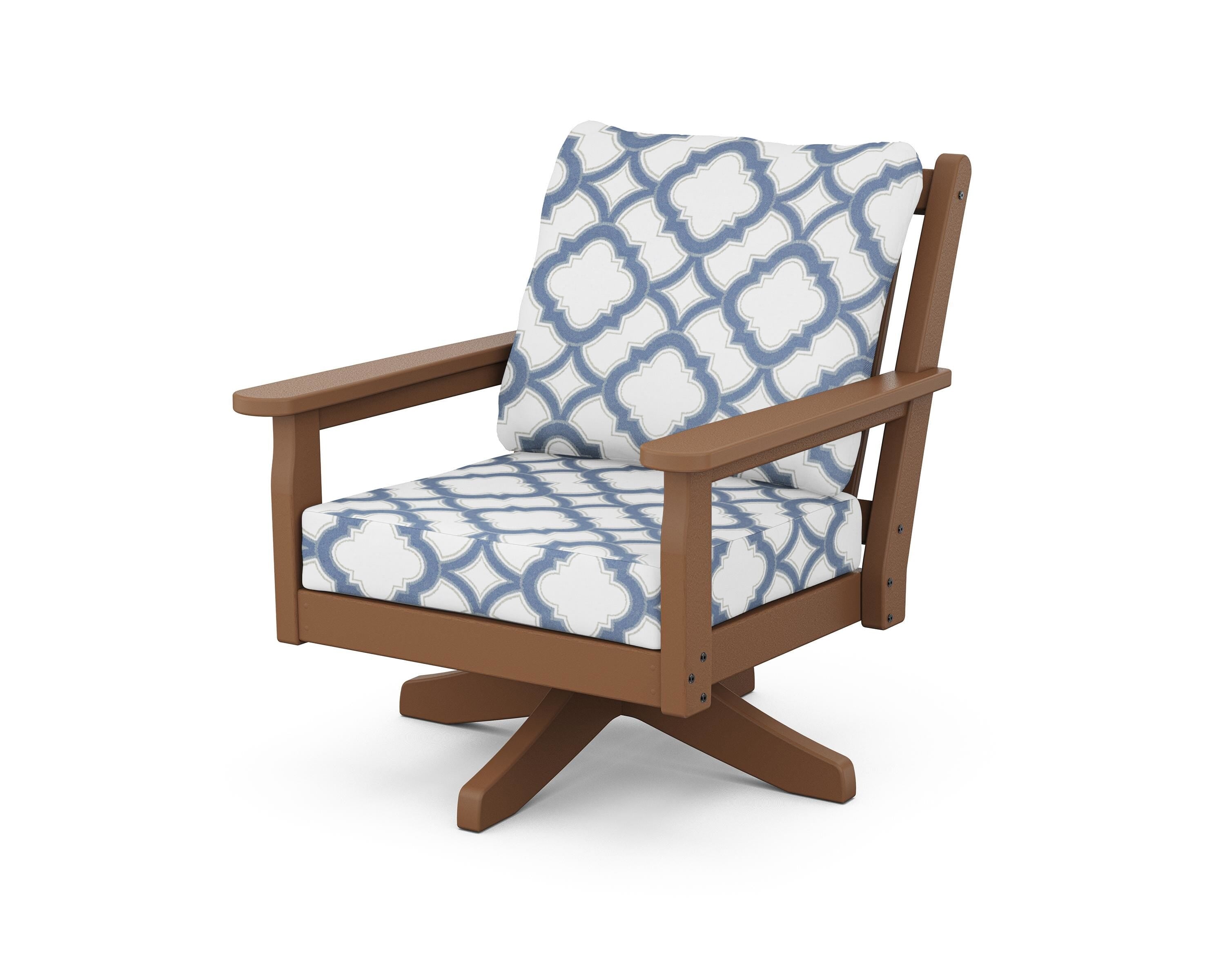 POLYWOOD® Chippendale Deep Seating Swivel Chair in Teak / Trellis Sky Blue