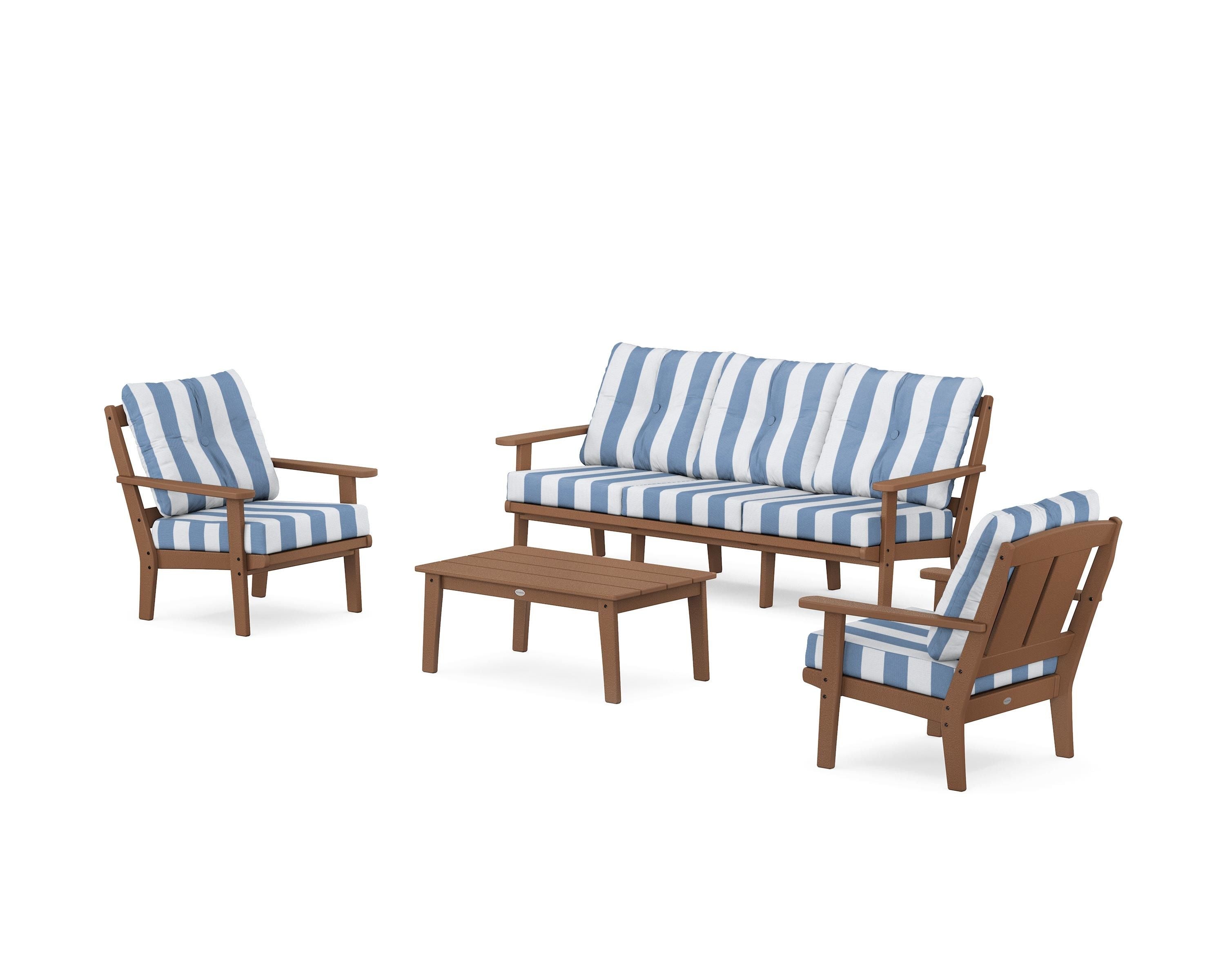 POLYWOOD® Mission 4-Piece Deep Seating Set with Sofa in Teak / Cabana Stripe Sky Blue