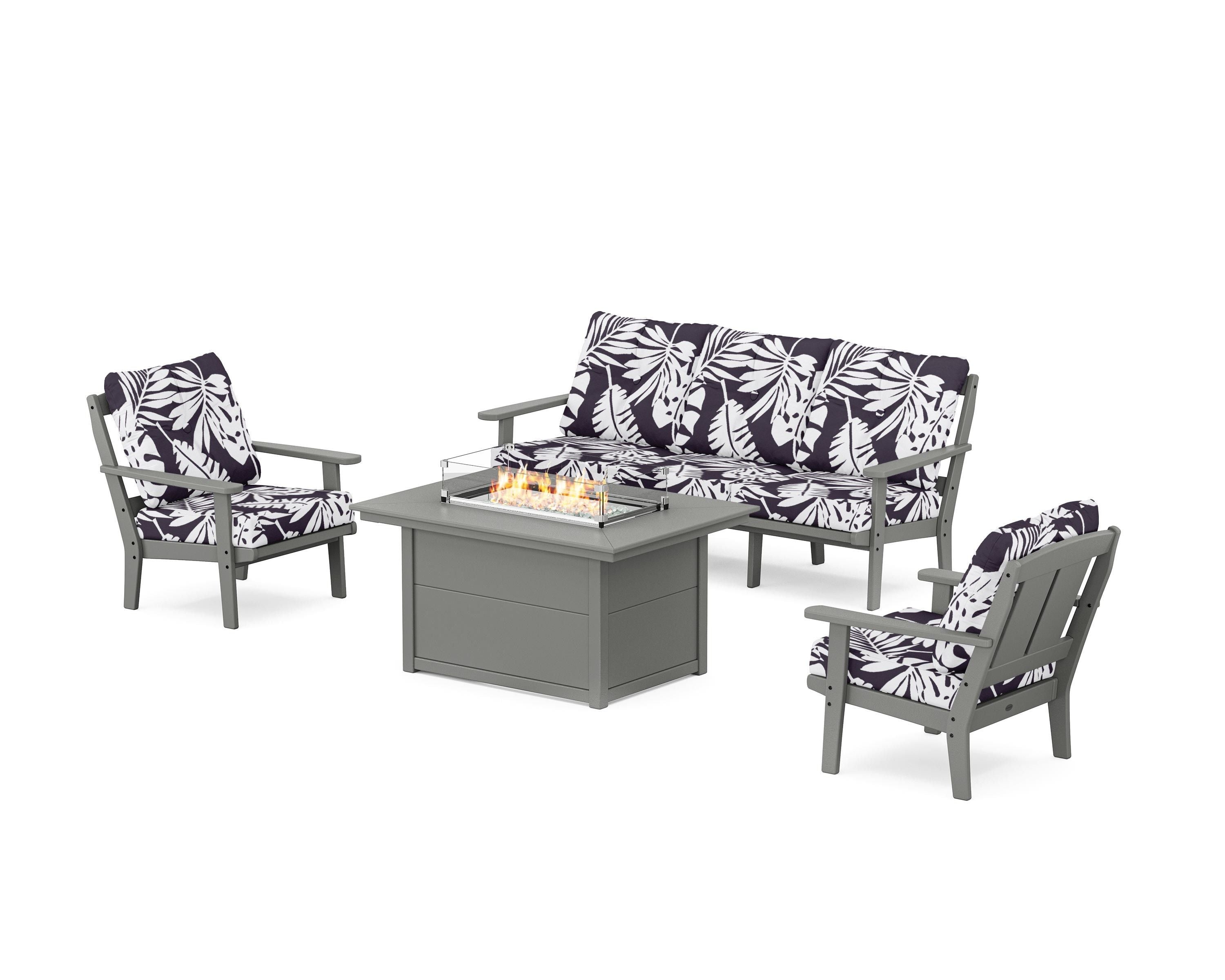 POLYWOOD® Mission Deep Seating Fire Pit Table Set in Slate Grey / Leaf Navy