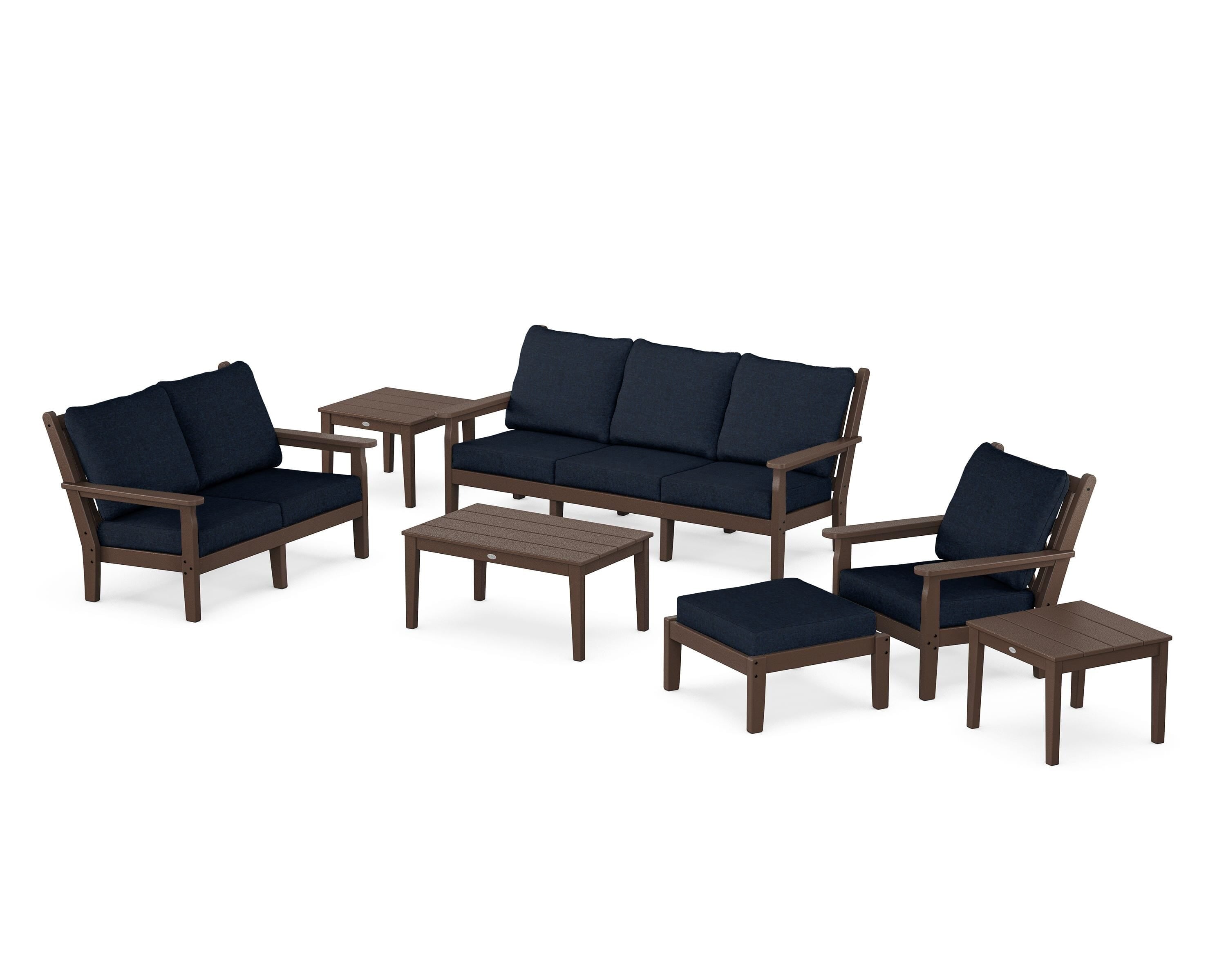 POLYWOOD® Chippendale 7-Piece Deep Seating Set in Mahogany / Marine Indigo