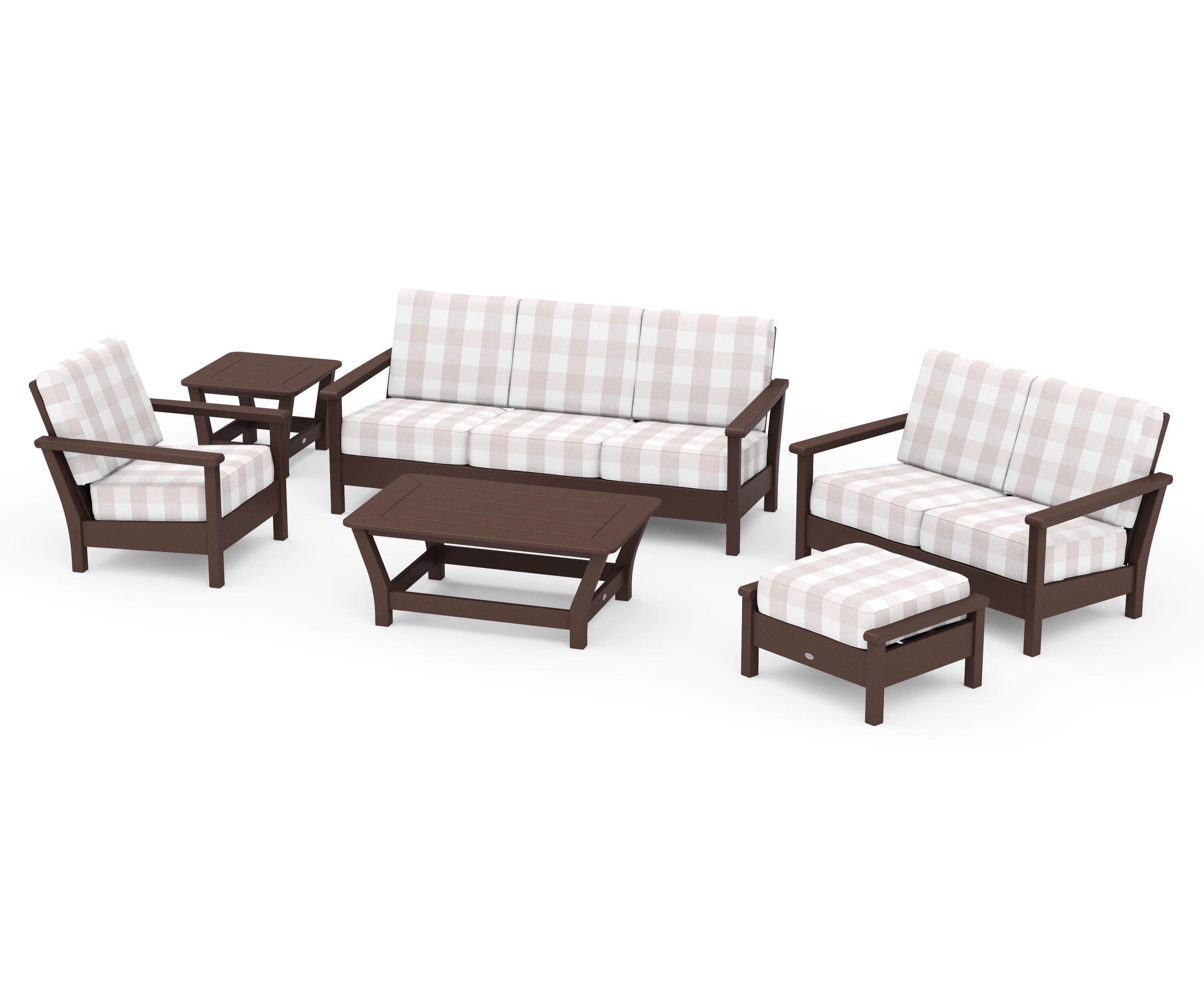 POLYWOOD® Harbour 6-Piece Outdoor Living Set in Mahogany / Buffalo Plaid Dune Burlap