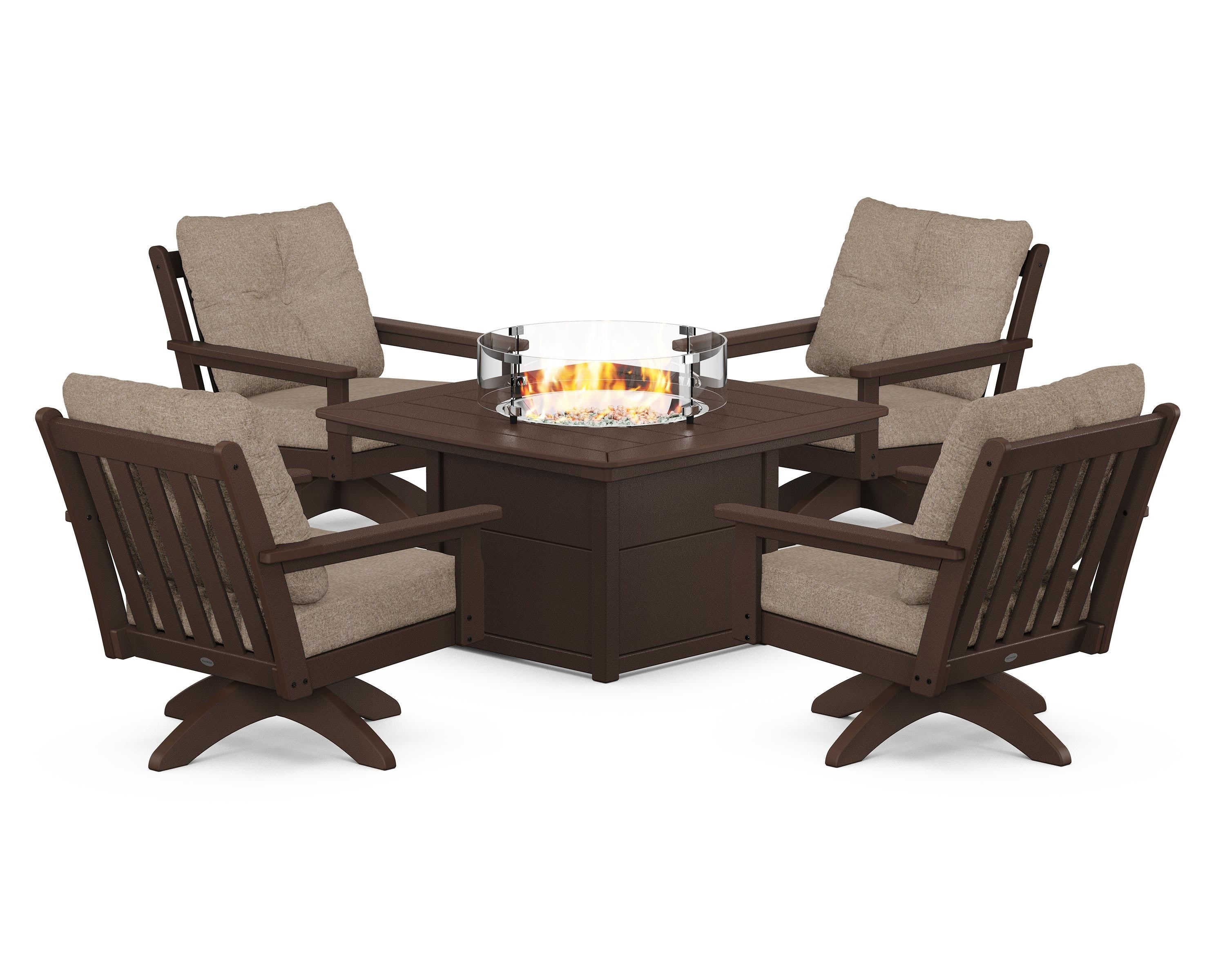 POLYWOOD® Vineyard 5-Piece Deep Seating Swivel Conversation Set with Fire Pit Table in Mahogany / Spiced Burlap