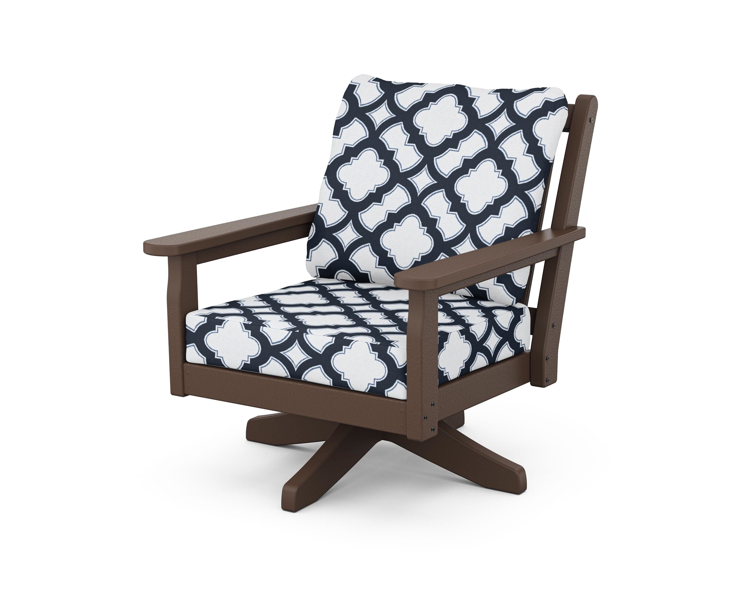 POLYWOOD® Chippendale Deep Seating Swivel Chair in Mahogany / Trellis Marine Indigo