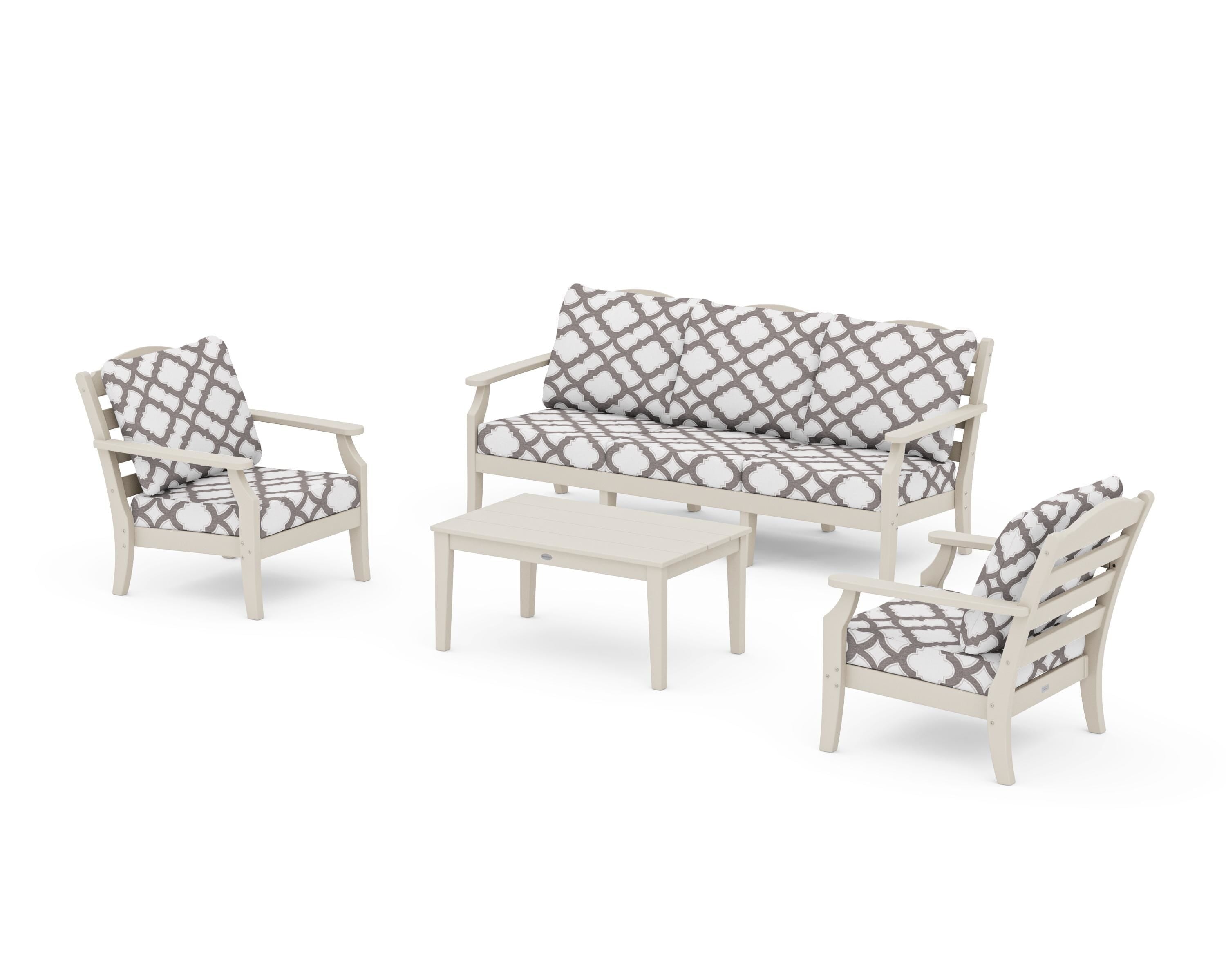 Draper James™ by POLYWOOD® Savannah 4-Piece Deep Seating Set with Sofa in Sand / Trellis Grey Mist