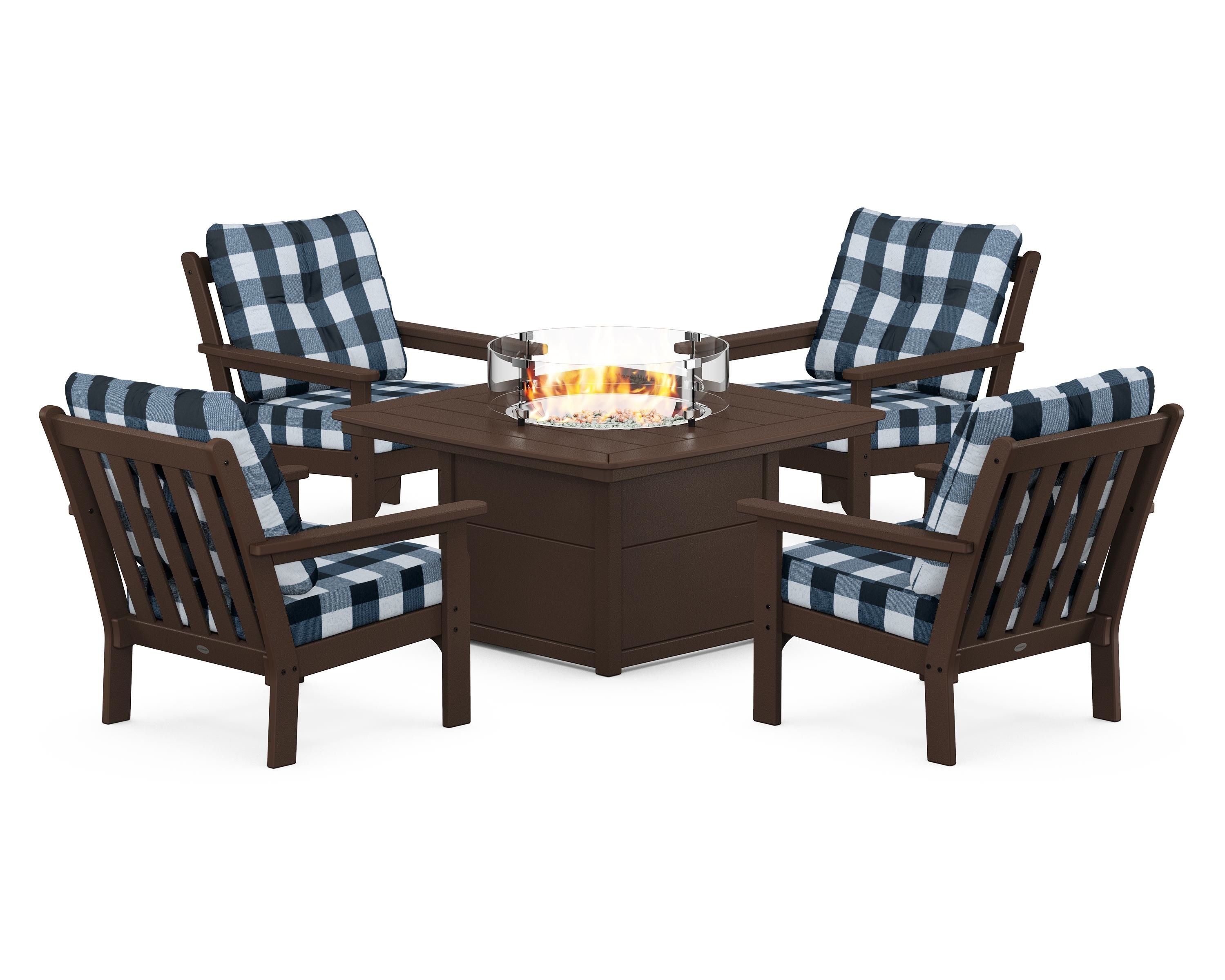 POLYWOOD® Vineyard 5-Piece Conversation Set with Fire Pit Table in Mahogany / Buffalo Plaid Marine Indigo