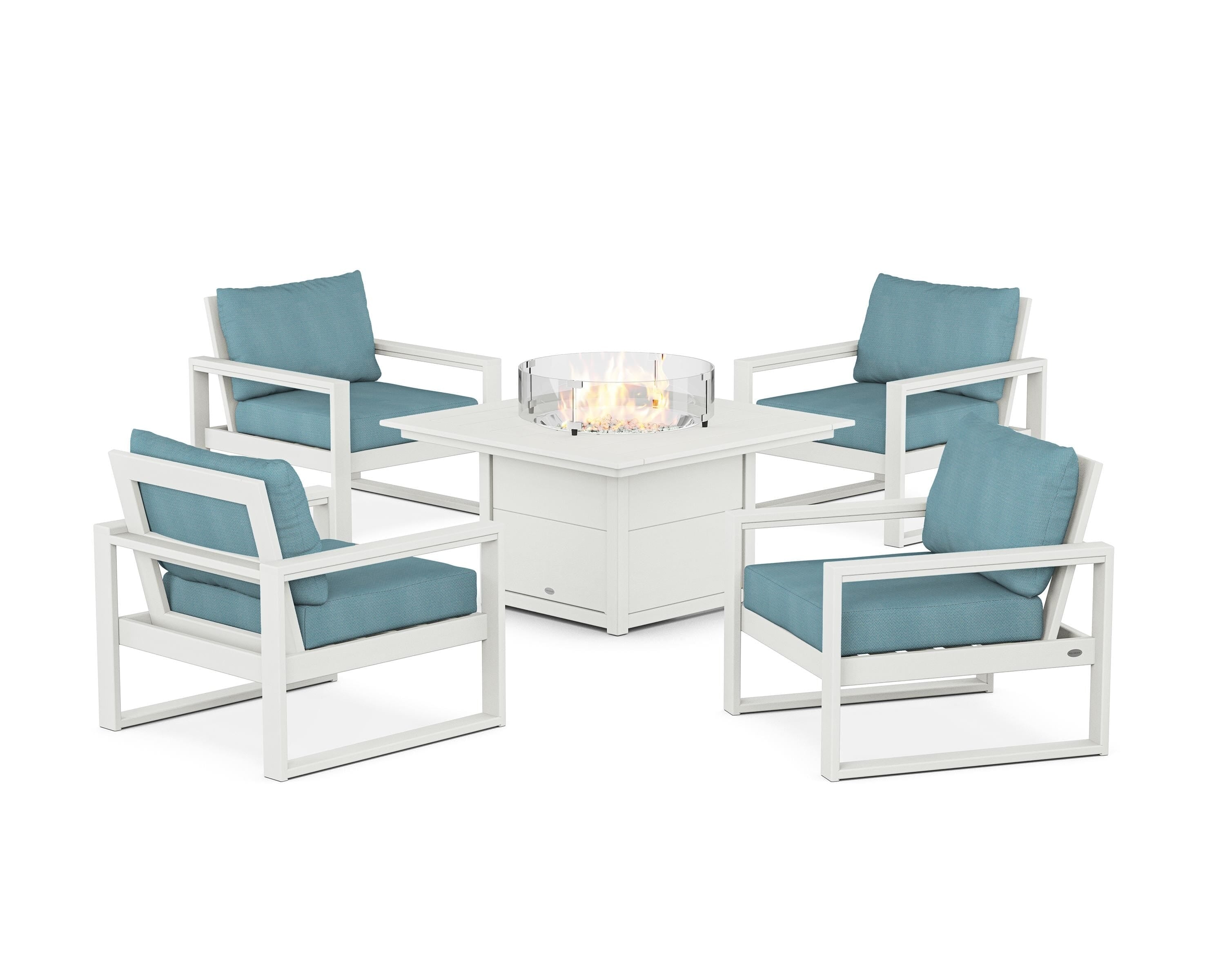 POLYWOOD® EDGE Sectional 5-Piece Deep Seating Set with Fire Pit Table in Vintage White / Lattice Sky Blue