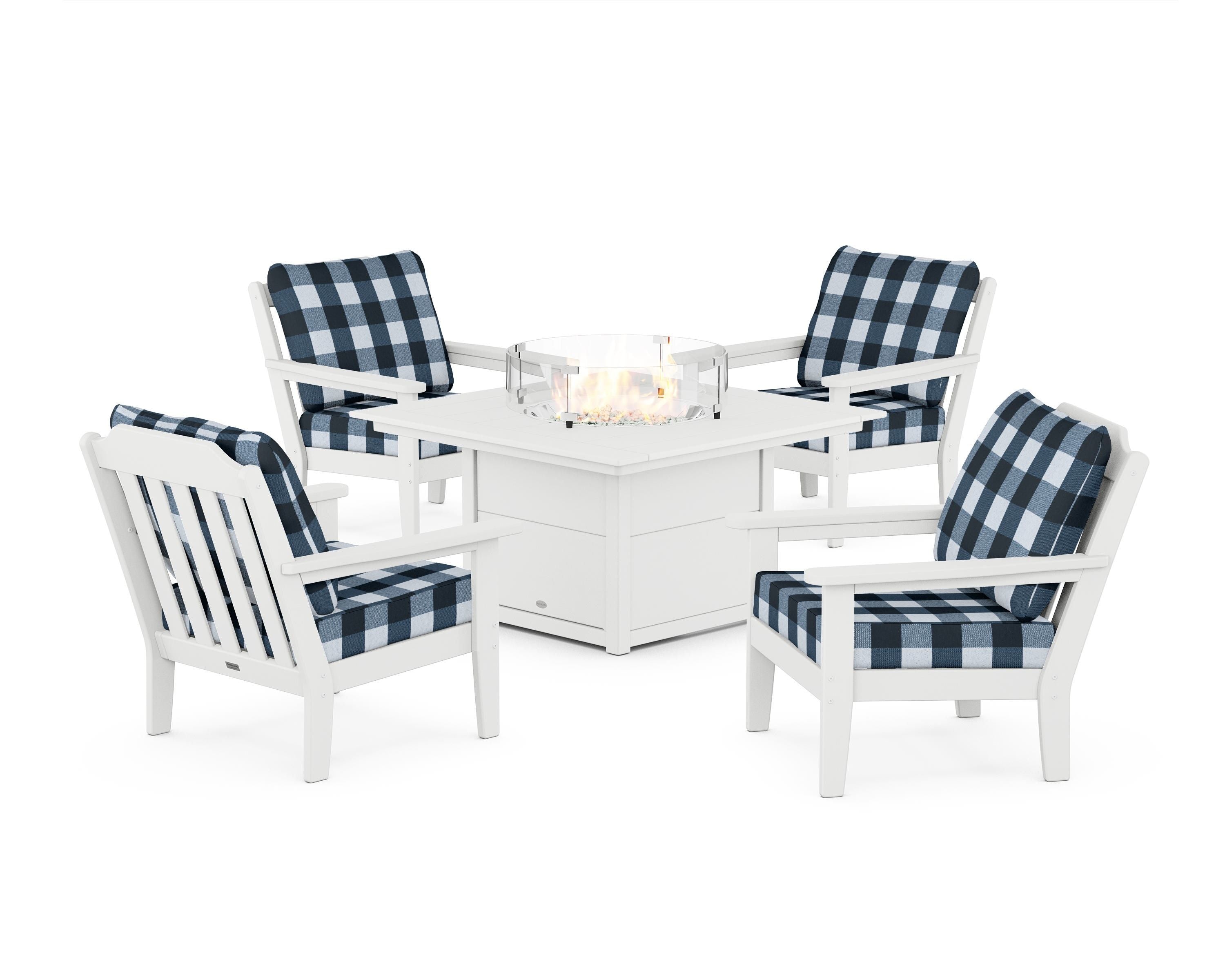 Country Living Cottage 5-Piece Deep Seating Set with Fire Pit Table in White / Buffalo Plaid Marine Indigo