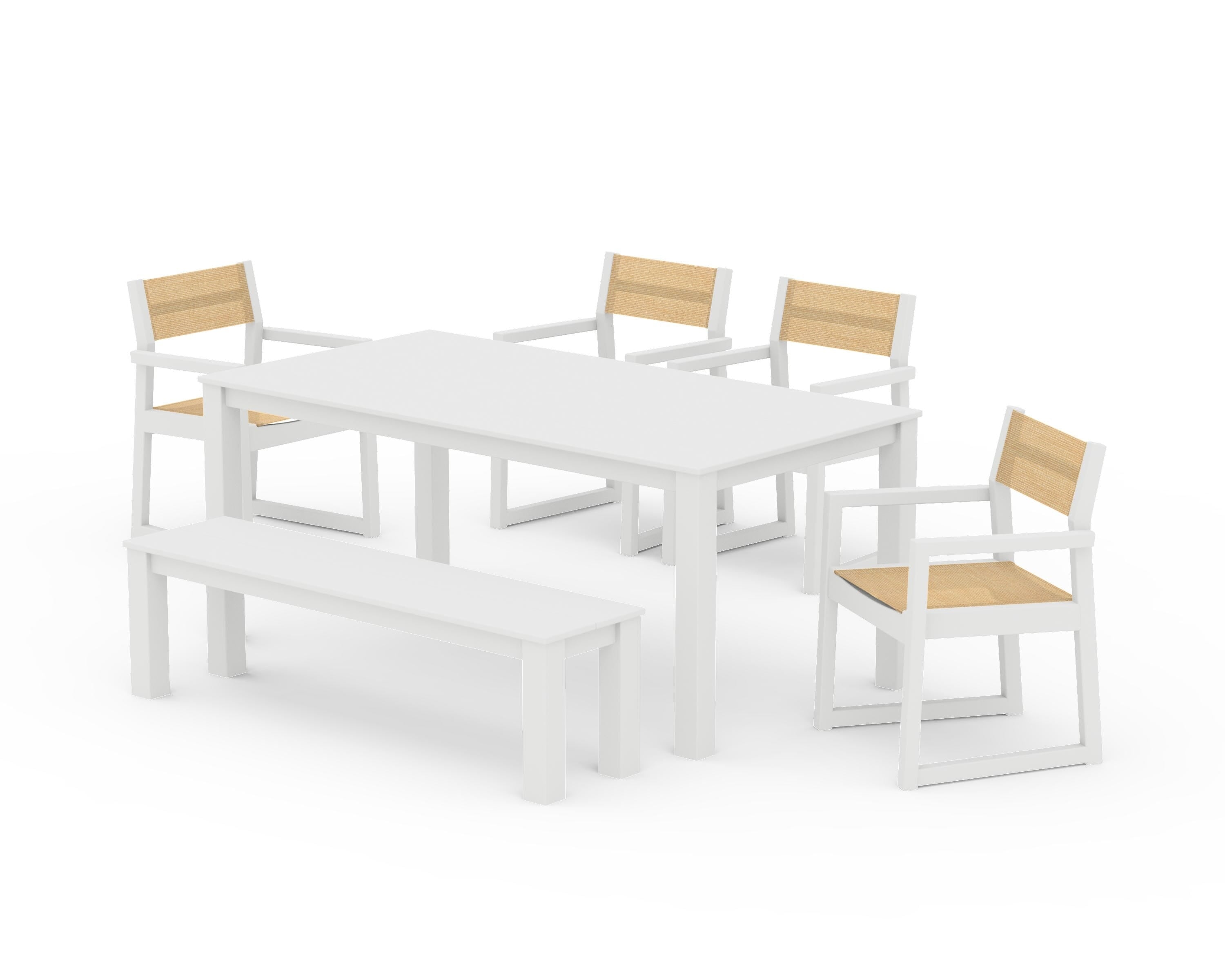 POLYWOOD® EDGE Sling Arm Chair 6-Piece Parsons Dining Set with Bench in White / Dupioni Apricot Sling