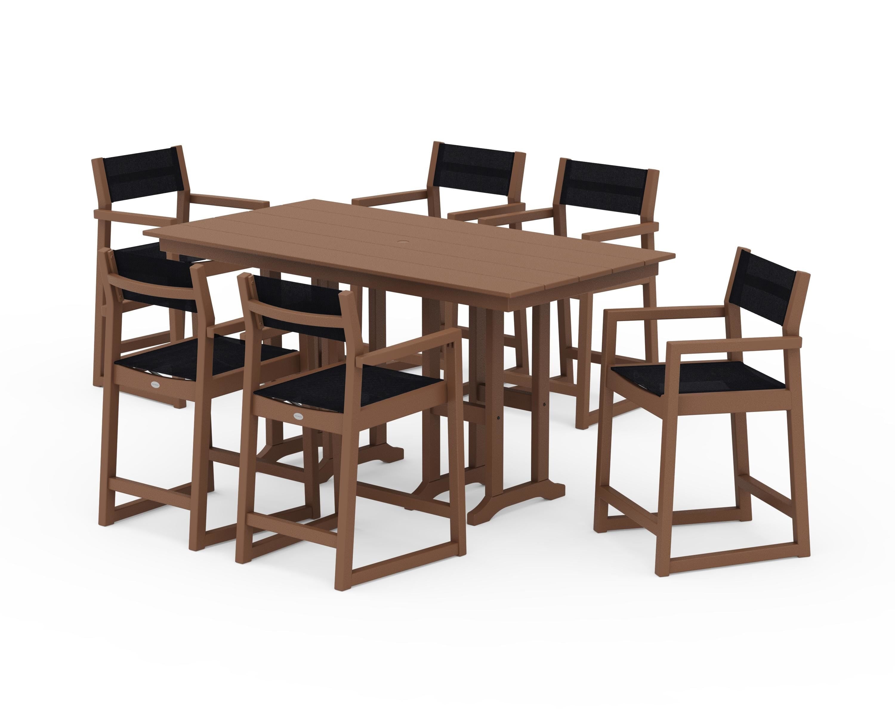 POLYWOOD® EDGE Sling Arm Chair 7-Piece Farmhouse Counter Set in Teak / Black Sling