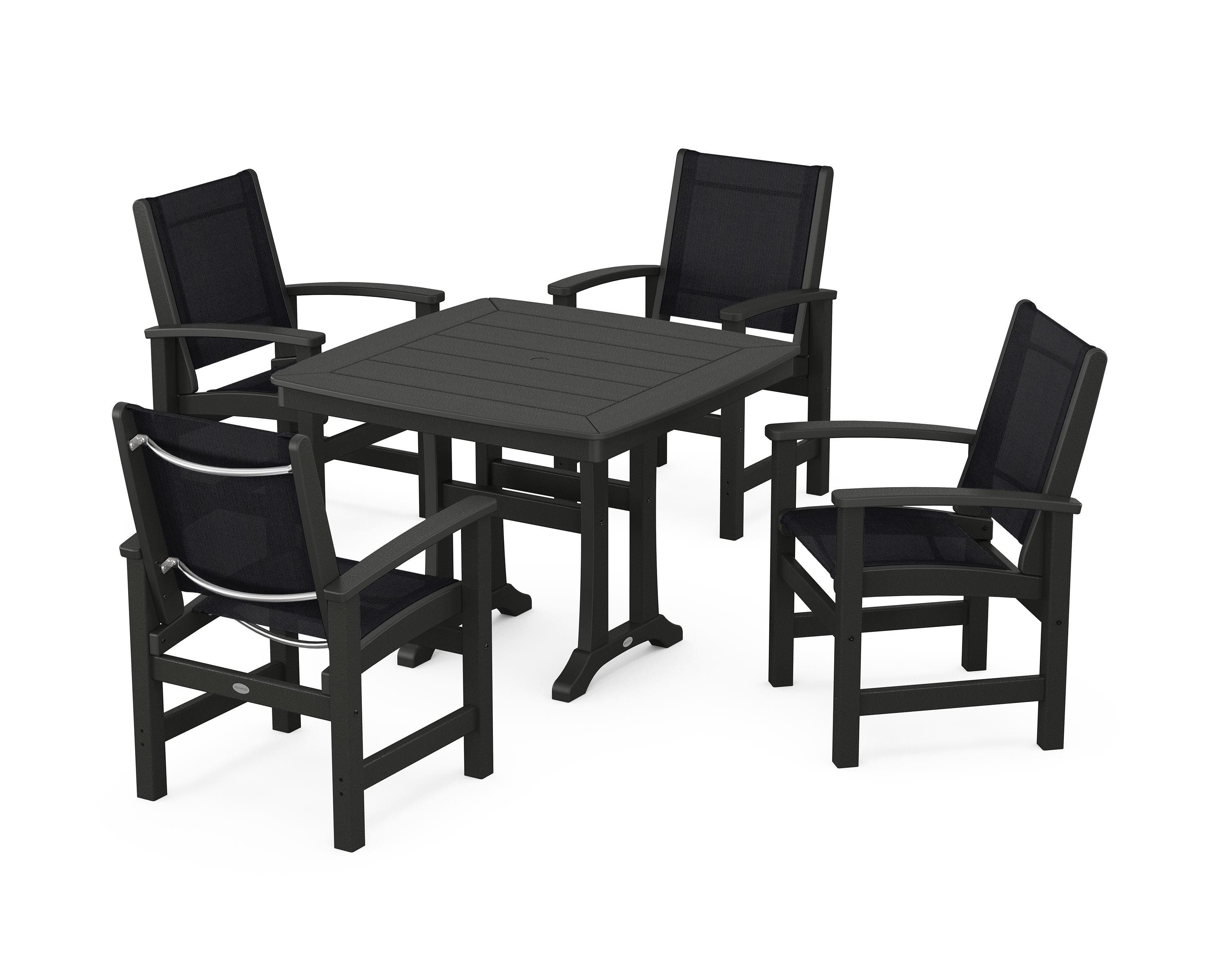 POLYWOOD® Coastal 5-Piece Dining Set with Trestle Legs in Black / Black Sling