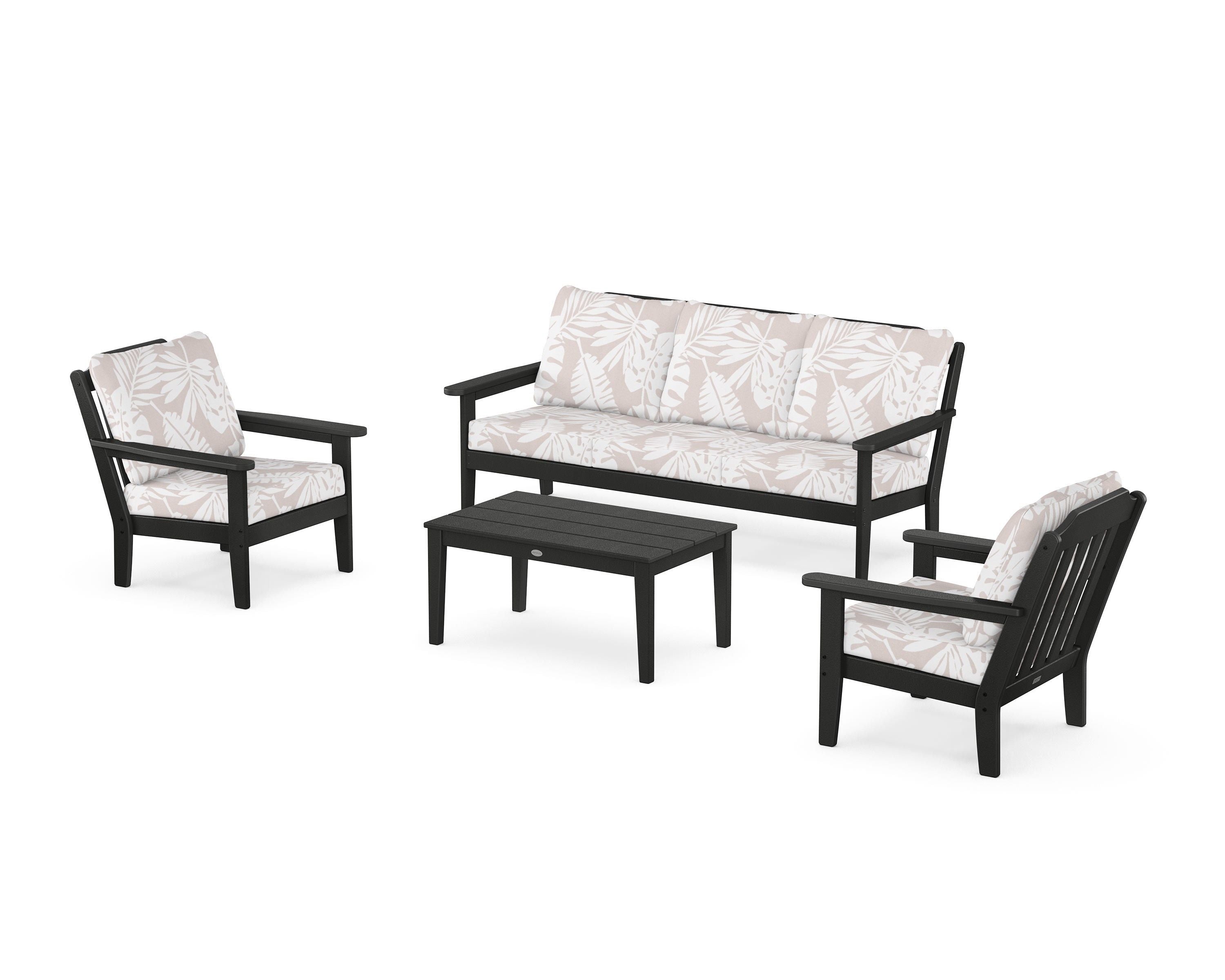 Country Living Cottage 4-Piece Deep Seating Set with Sofa in Black / Leaf Dune Burlap