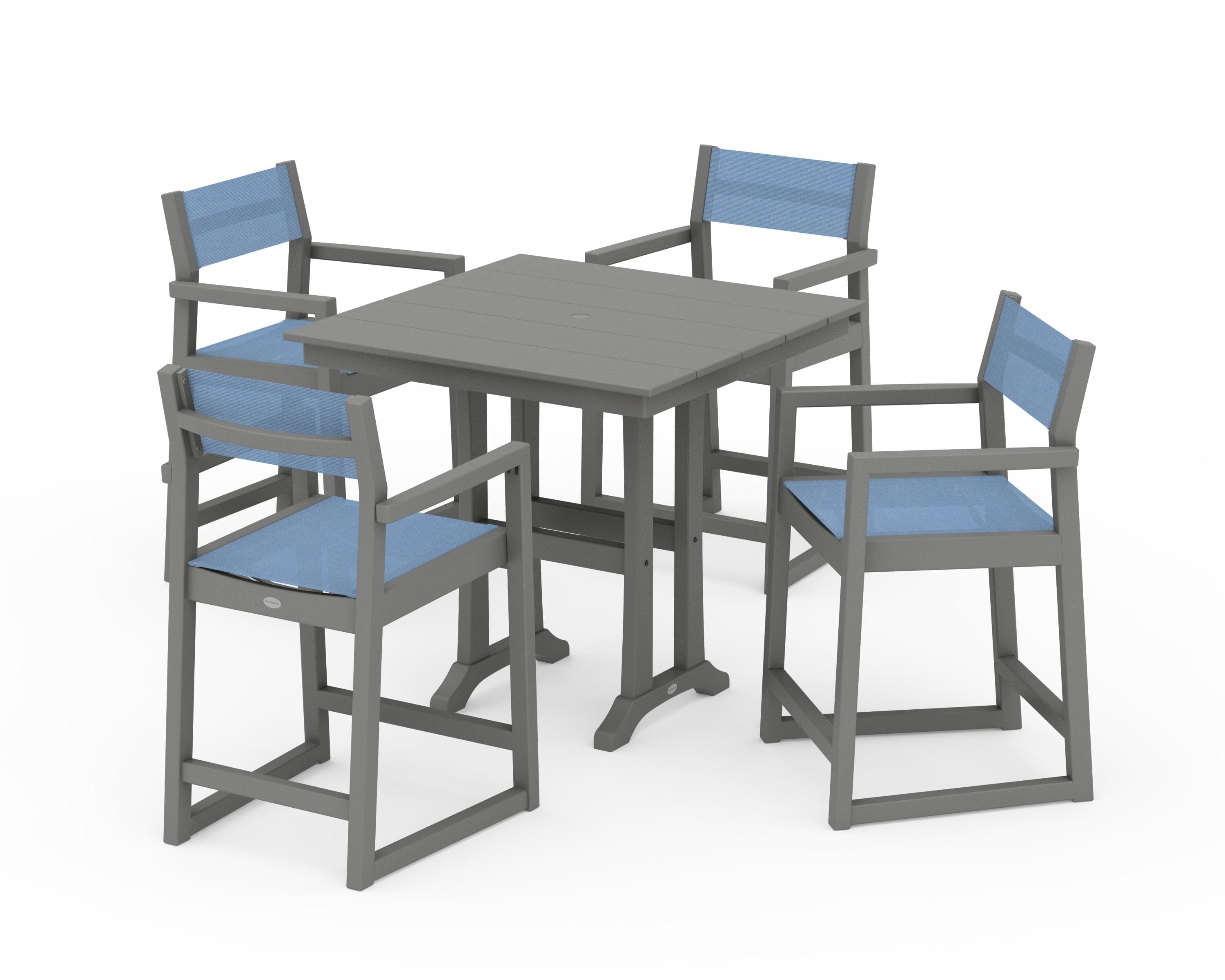 POLYWOOD® EDGE Sling Arm Chair 5-Piece Farmhouse Counter Set with Trestle Legs in Slate Grey / Poolside Sling