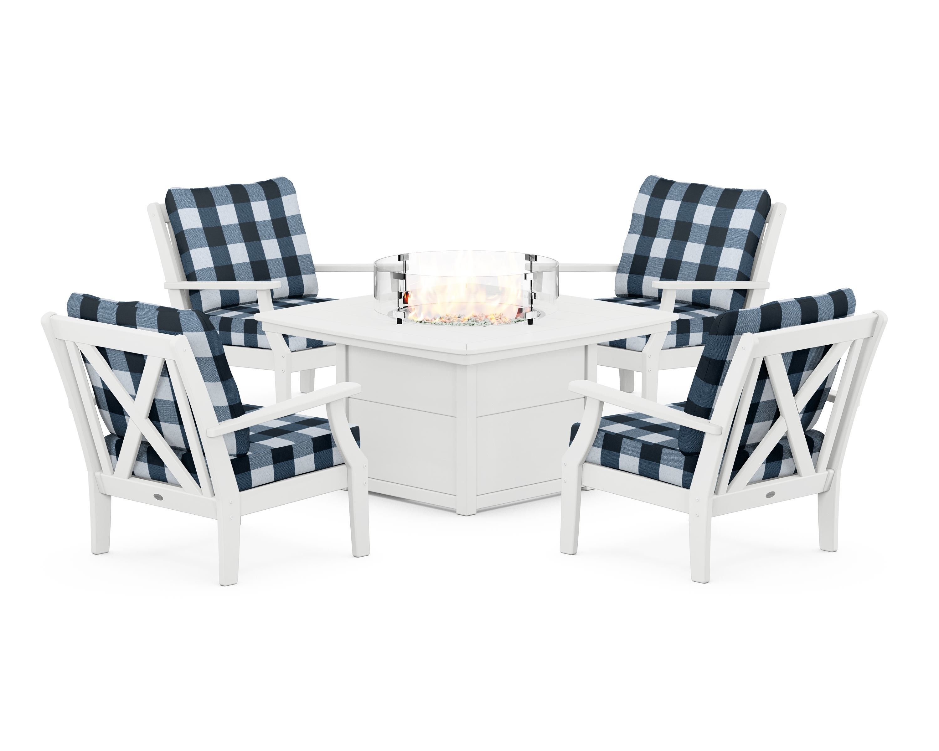 POLYWOOD® Braxton 5-Piece Deep Seating Conversation Set with Fire Pit Table in White / Buffalo Plaid Marine Indigo