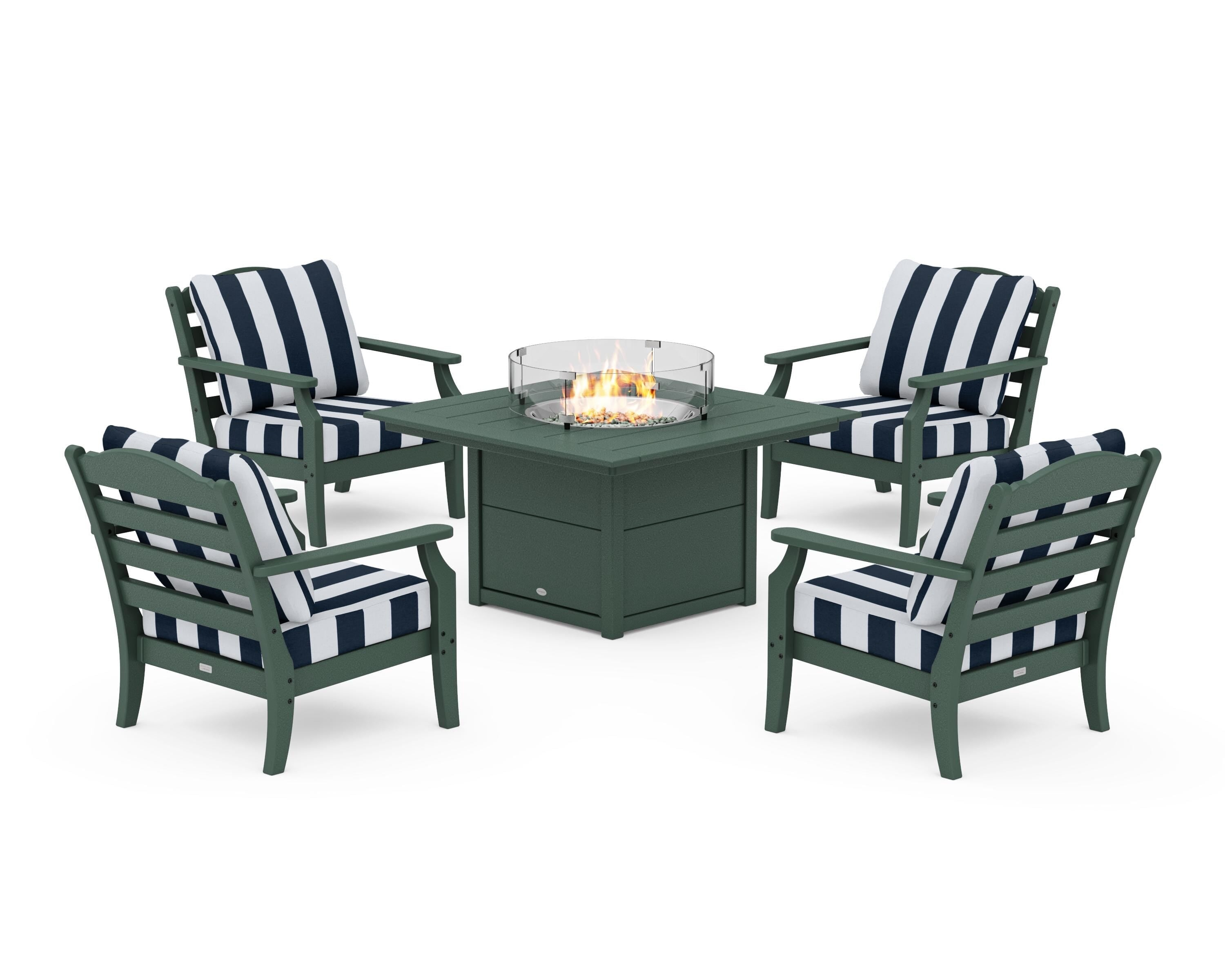 Draper James™ by POLYWOOD® Savannah 5-Piece Deep Seating Set with Fire Pit Table in Green / Cabana Stripe Marine Indigo