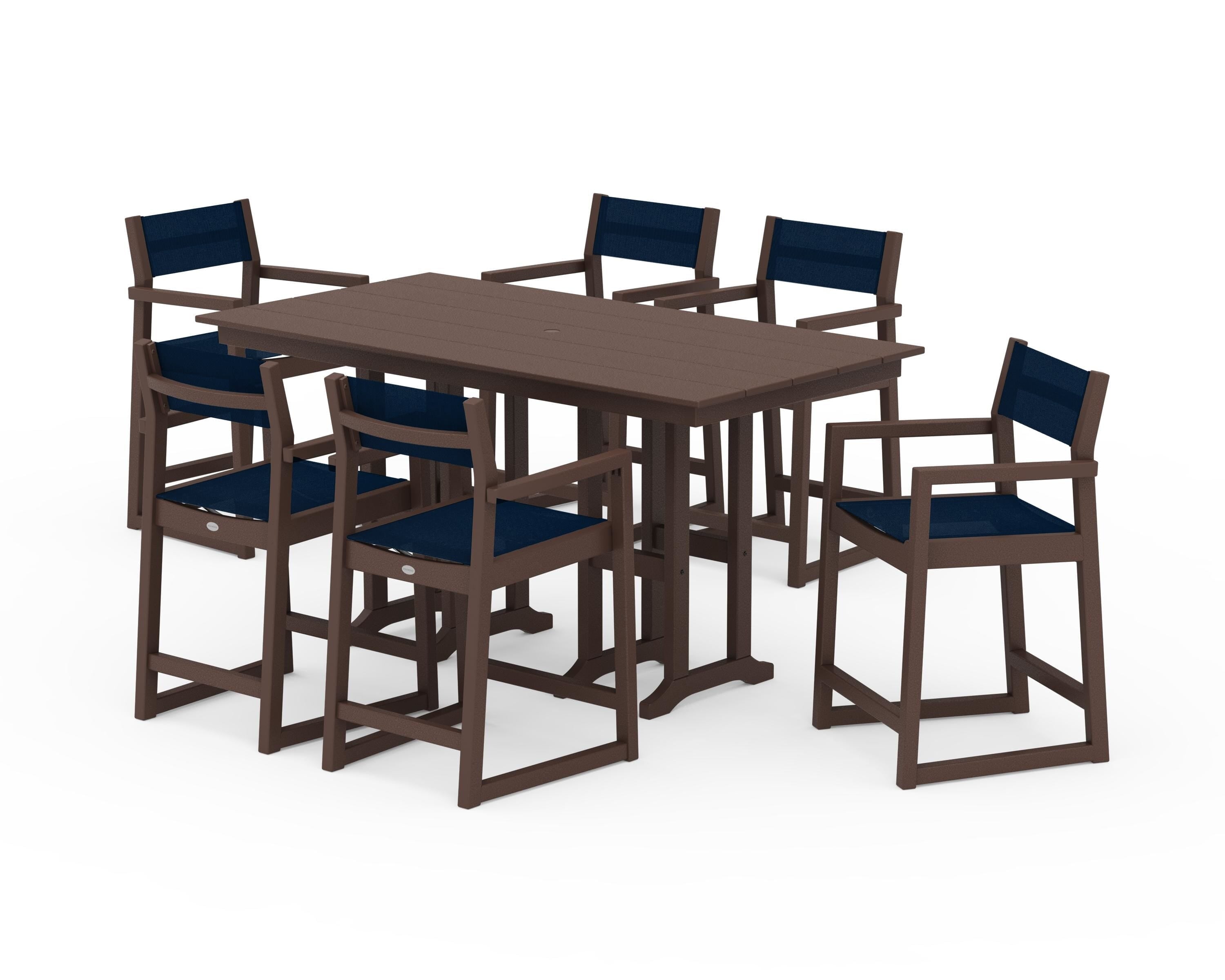 POLYWOOD® EDGE Sling Arm Chair 7-Piece Farmhouse Counter Set in Mahogany / Navy Blue Sling