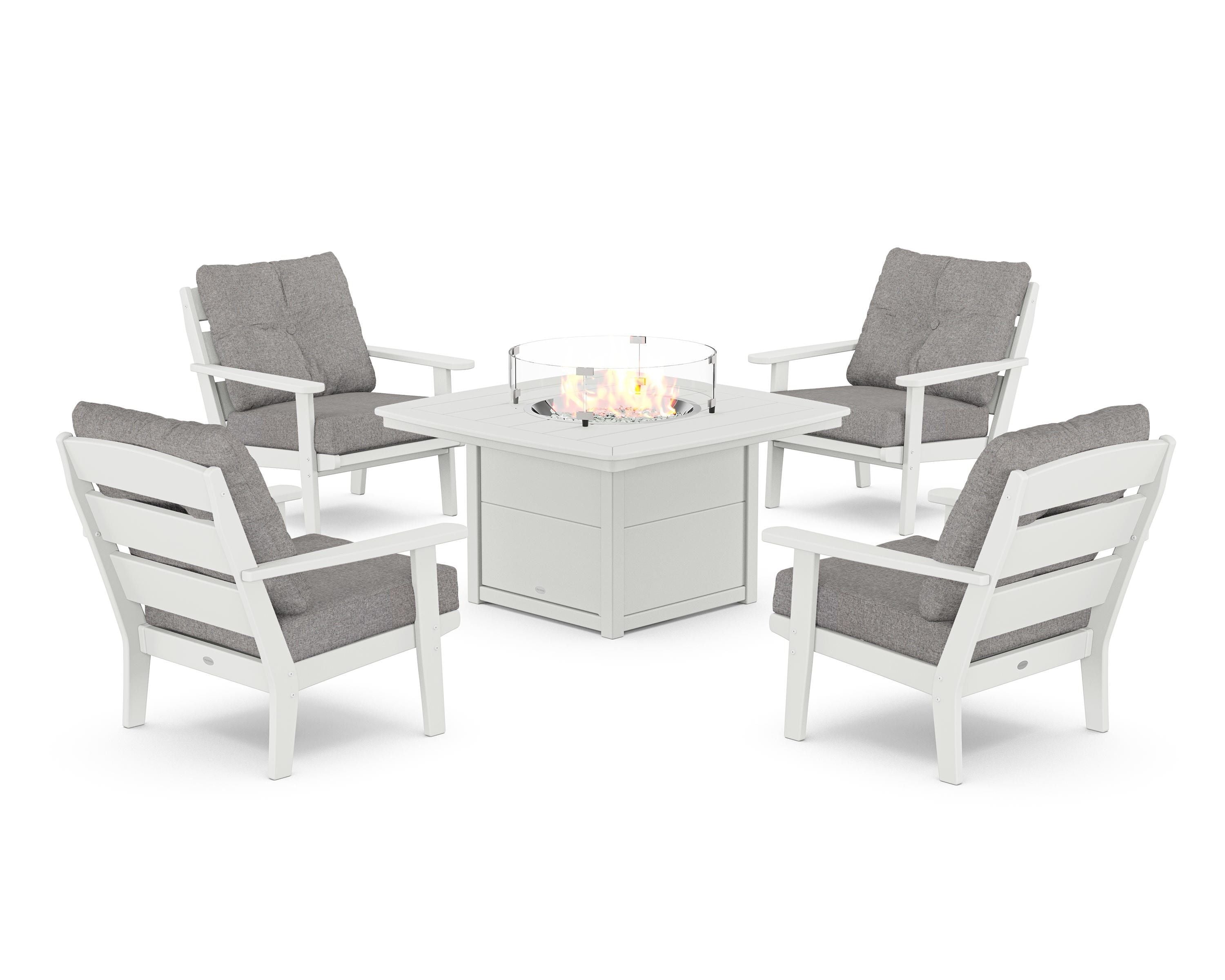 POLYWOOD® Lakeside 5-Piece Deep Seating Set with Nautical Fire Pit Table in White / Grey Mist